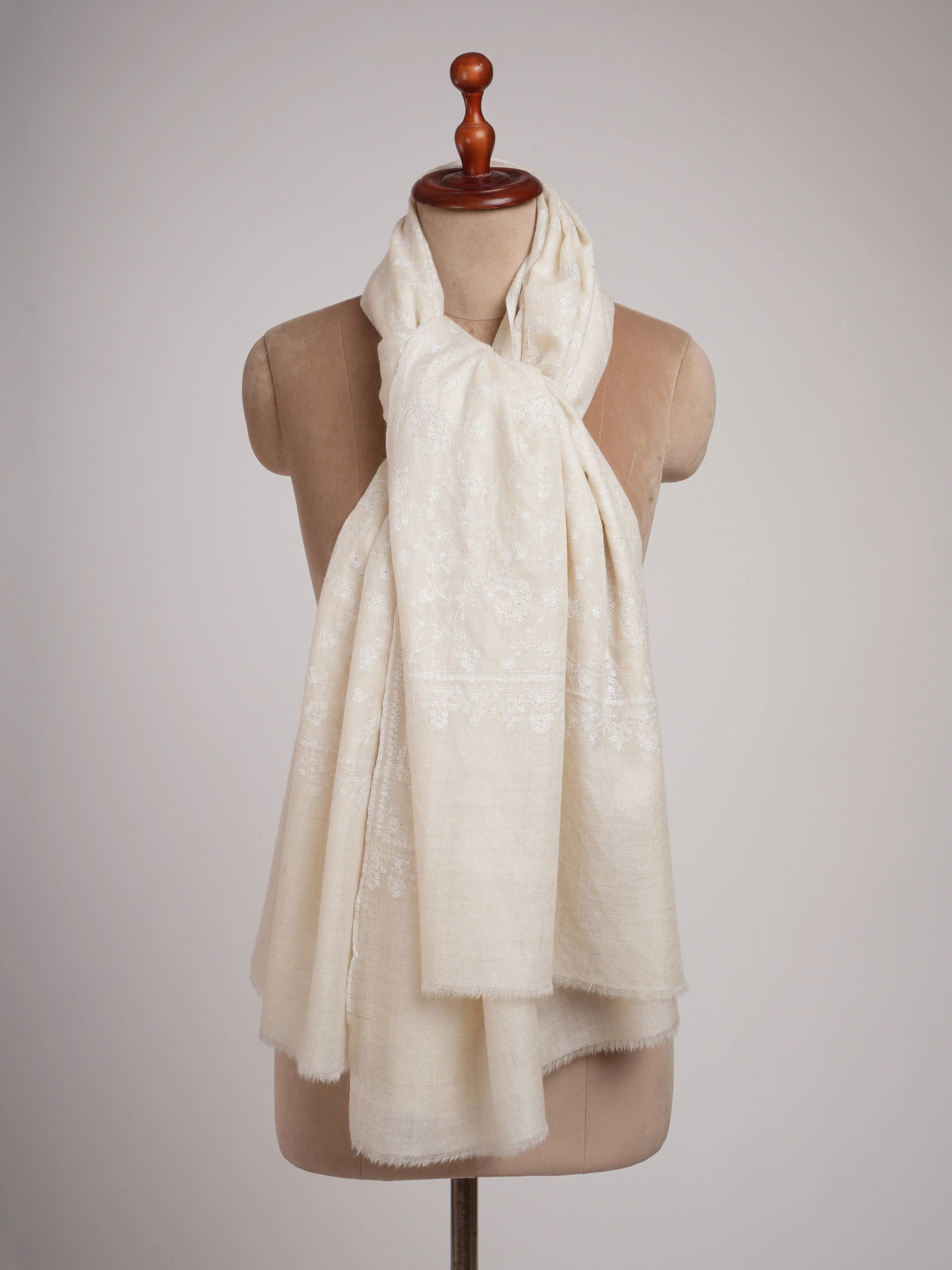 Off white Soft Pashmina Shawl with white Hand Embroidery Shahkaar