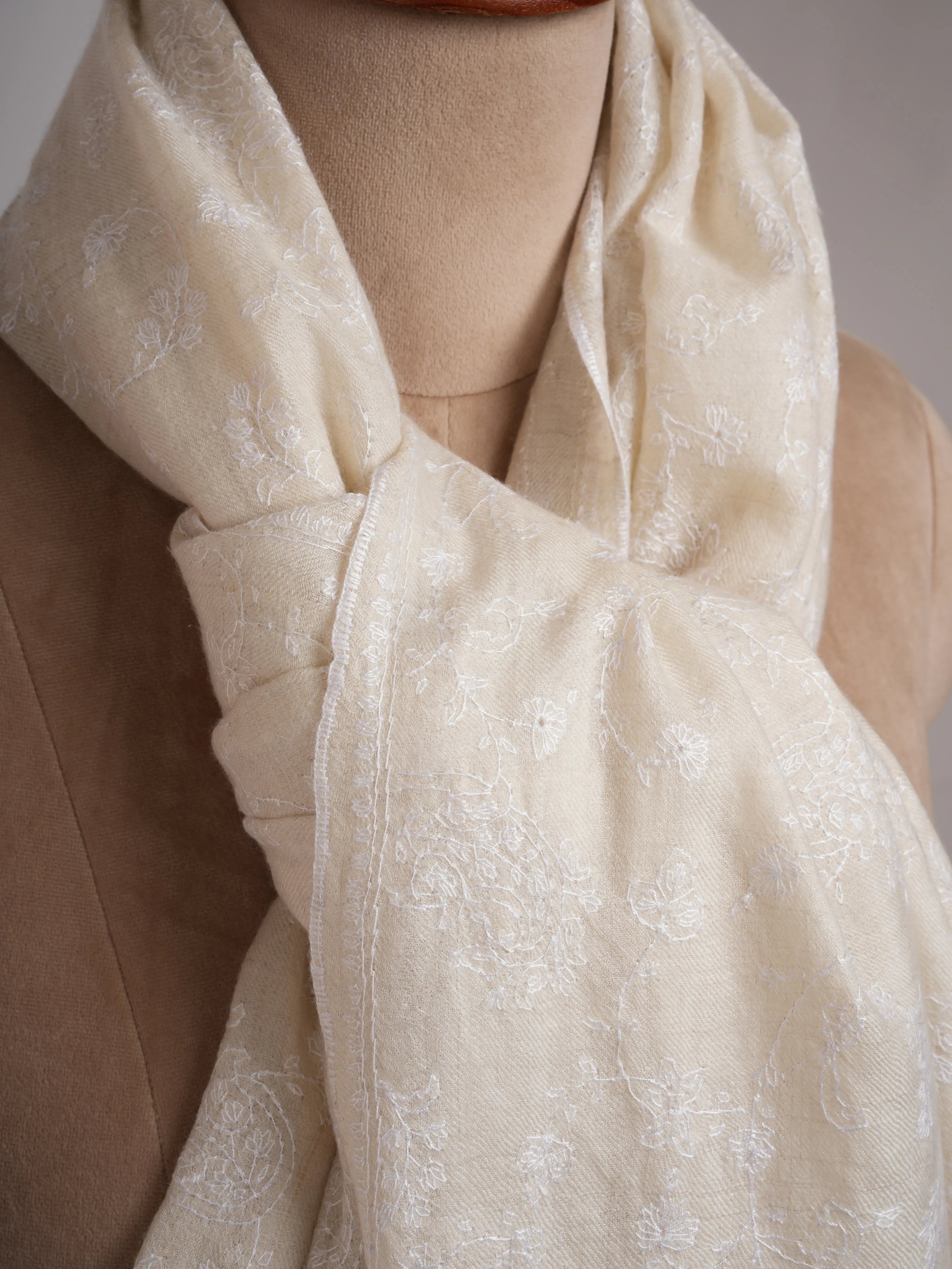 Off white Soft Pashmina Shawl with white Hand Embroidery Shahkaar