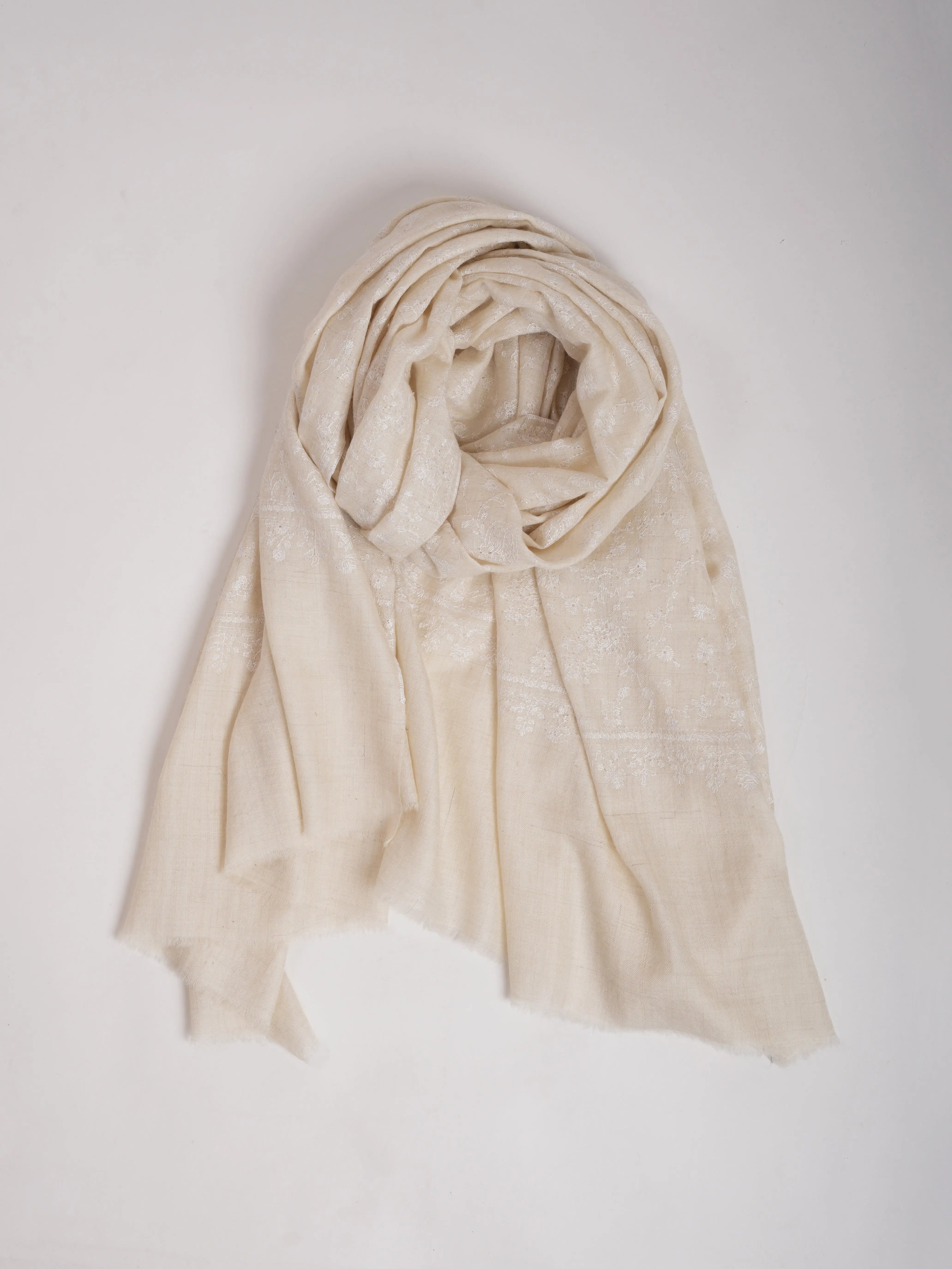 Off white Soft Pashmina Shawl with white Hand Embroidery Shahkaar
