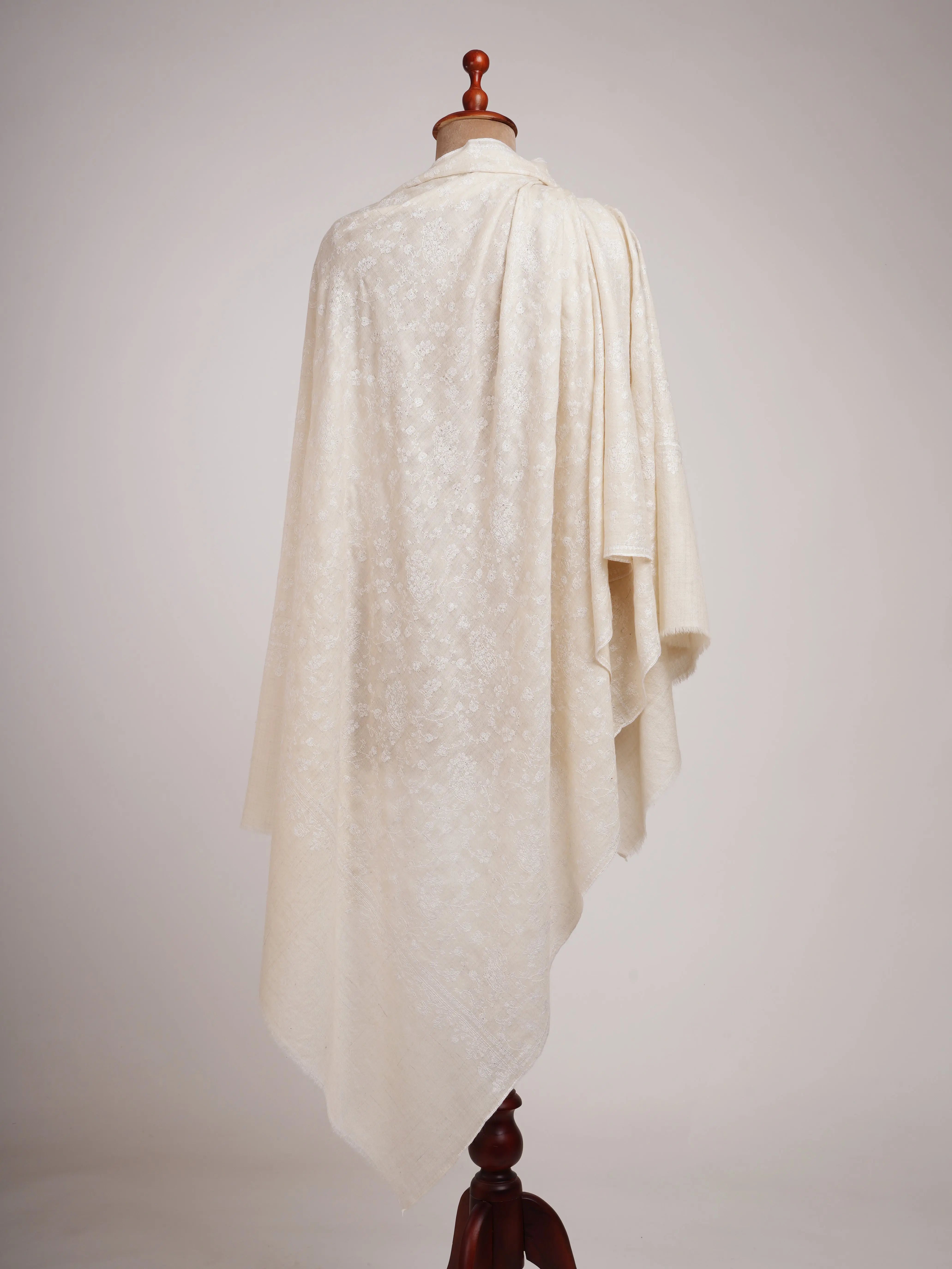 Off white Soft Pashmina Shawl with white Hand Embroidery Shahkaar