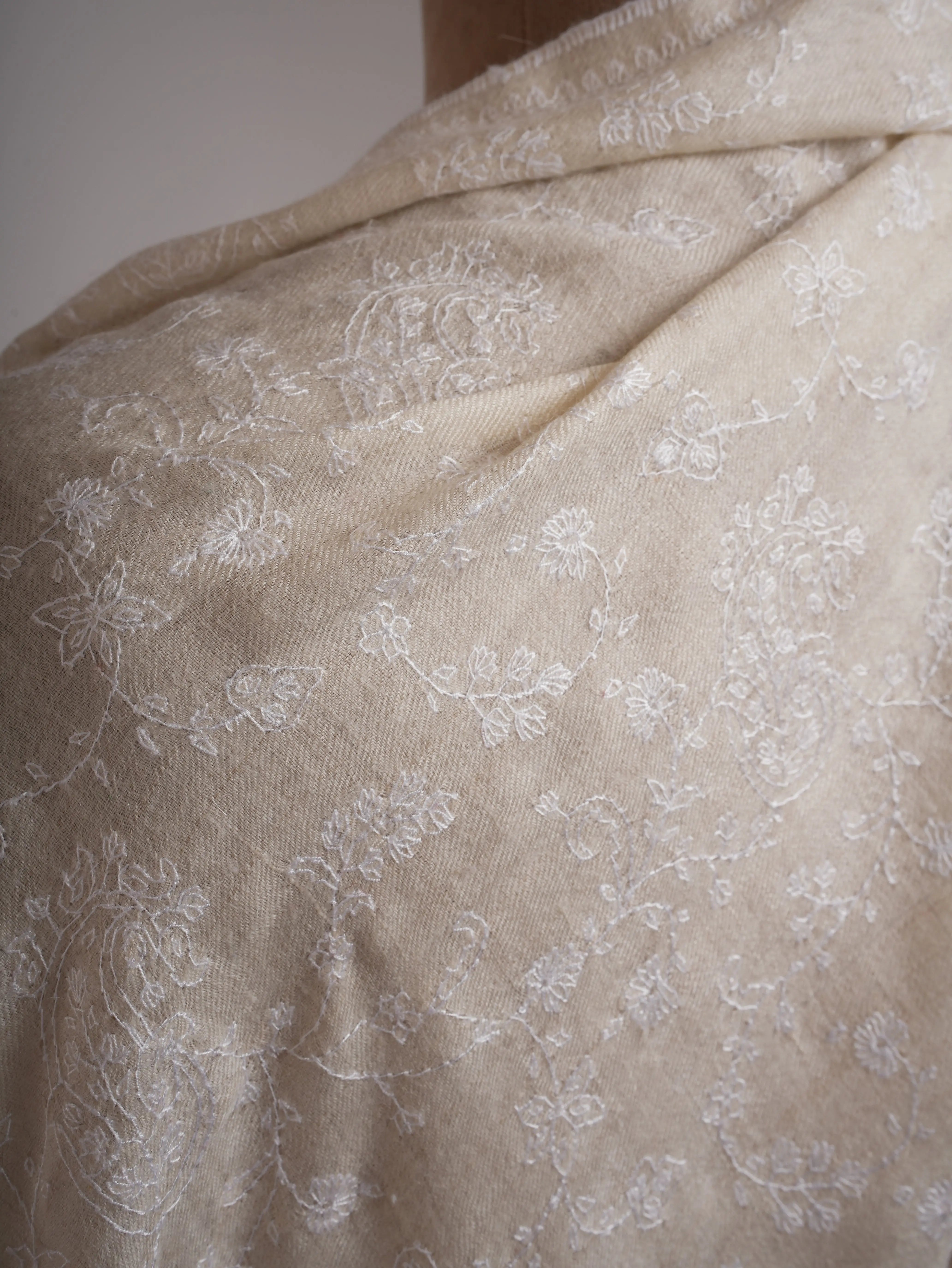 Off white Soft Pashmina Shawl with white Hand Embroidery Shahkaar