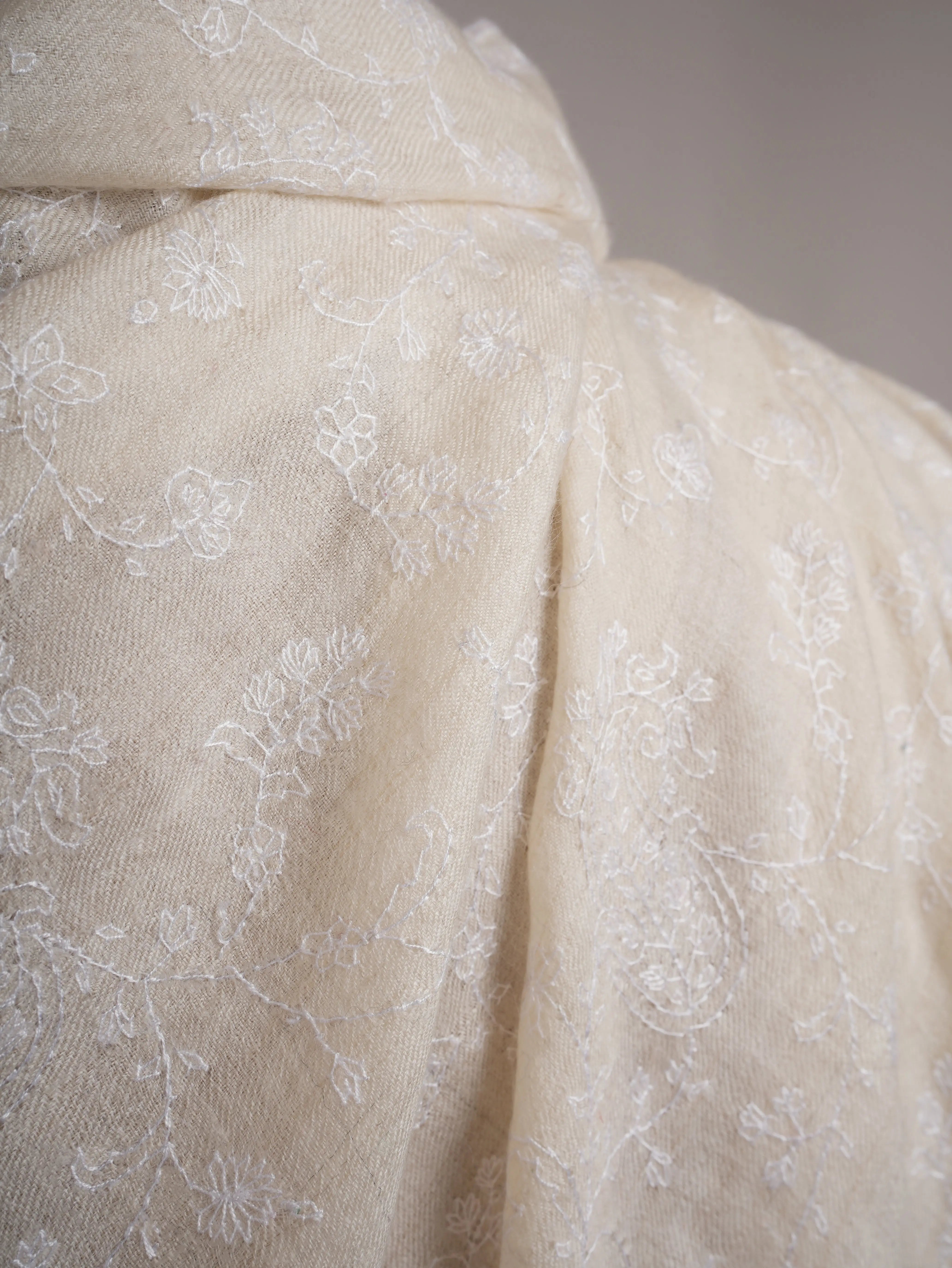 Off white Soft Pashmina Shawl with white Hand Embroidery Shahkaar