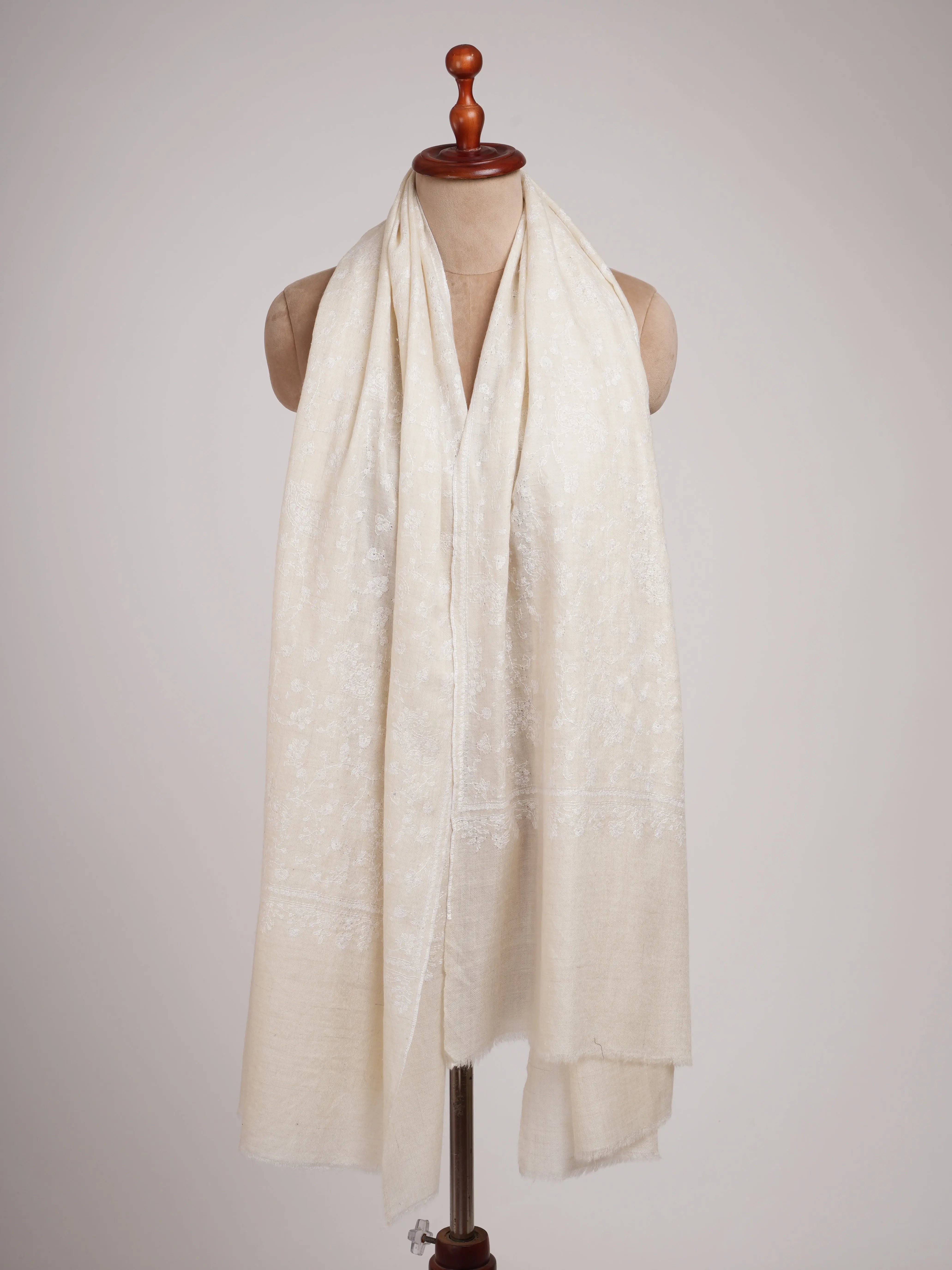 Off white Soft Pashmina Shawl with white Hand Embroidery Shahkaar