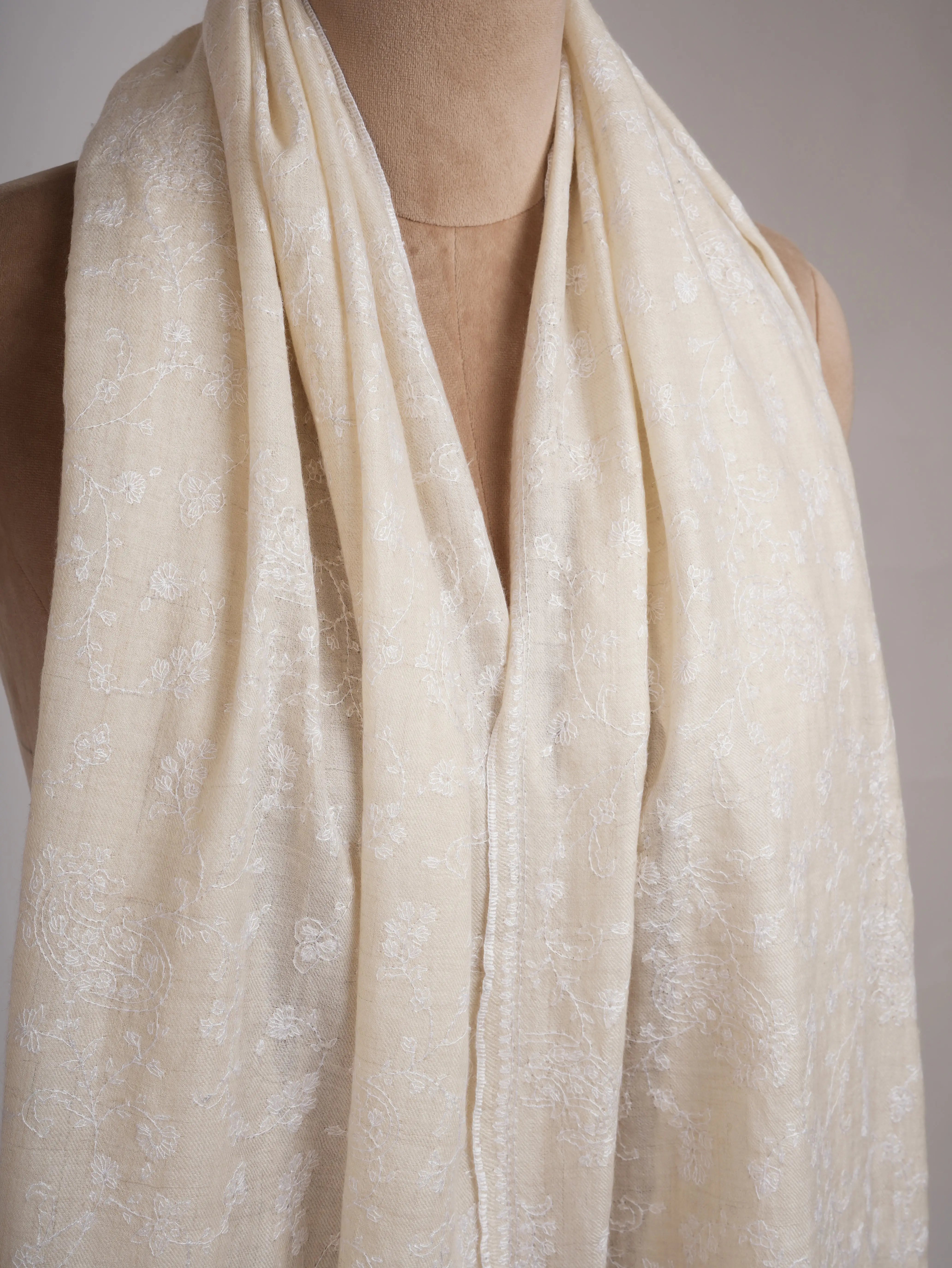 Off white Soft Pashmina Shawl with white Hand Embroidery Shahkaar