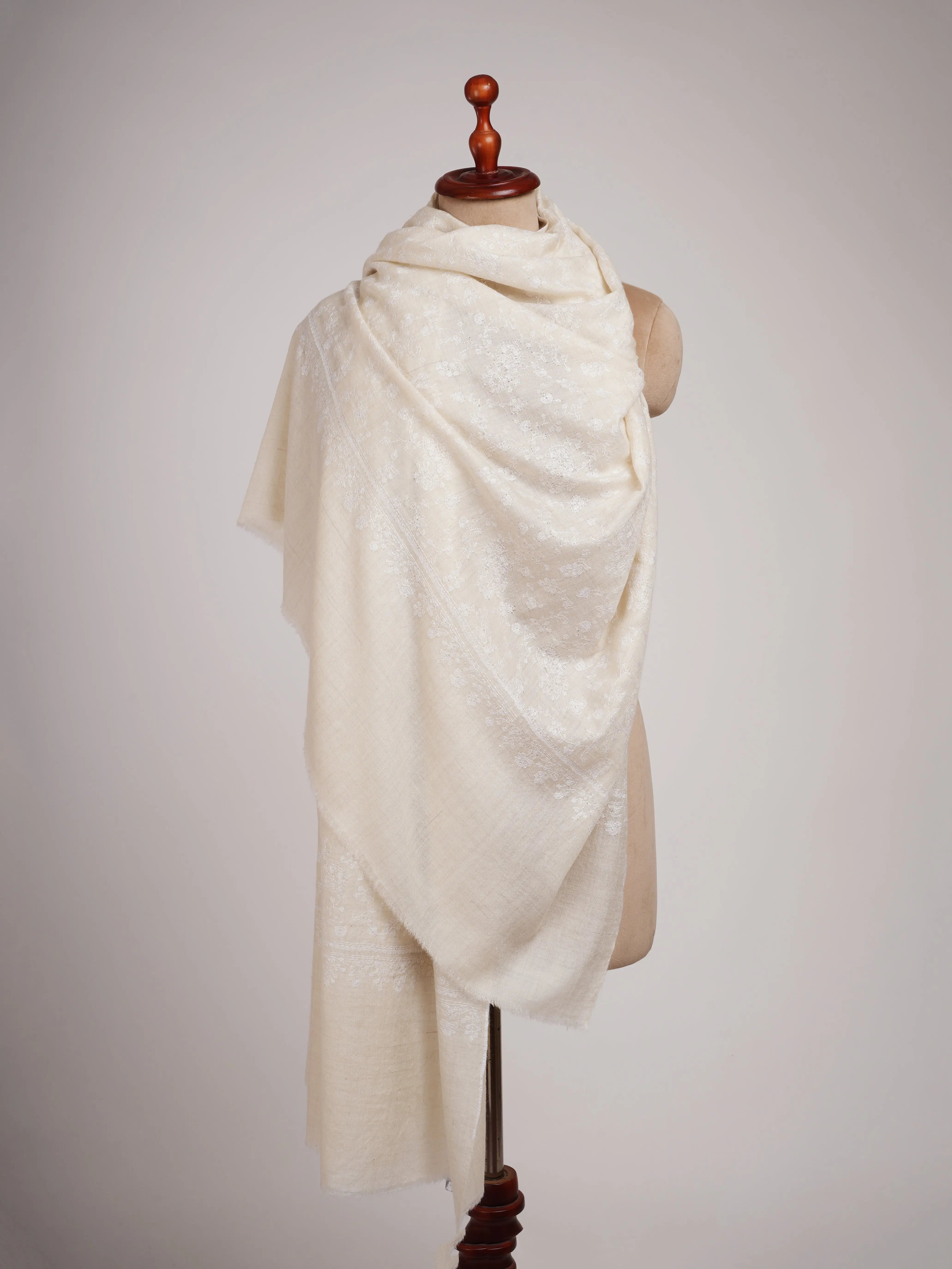 Off white Soft Pashmina Shawl with white Hand Embroidery Shahkaar