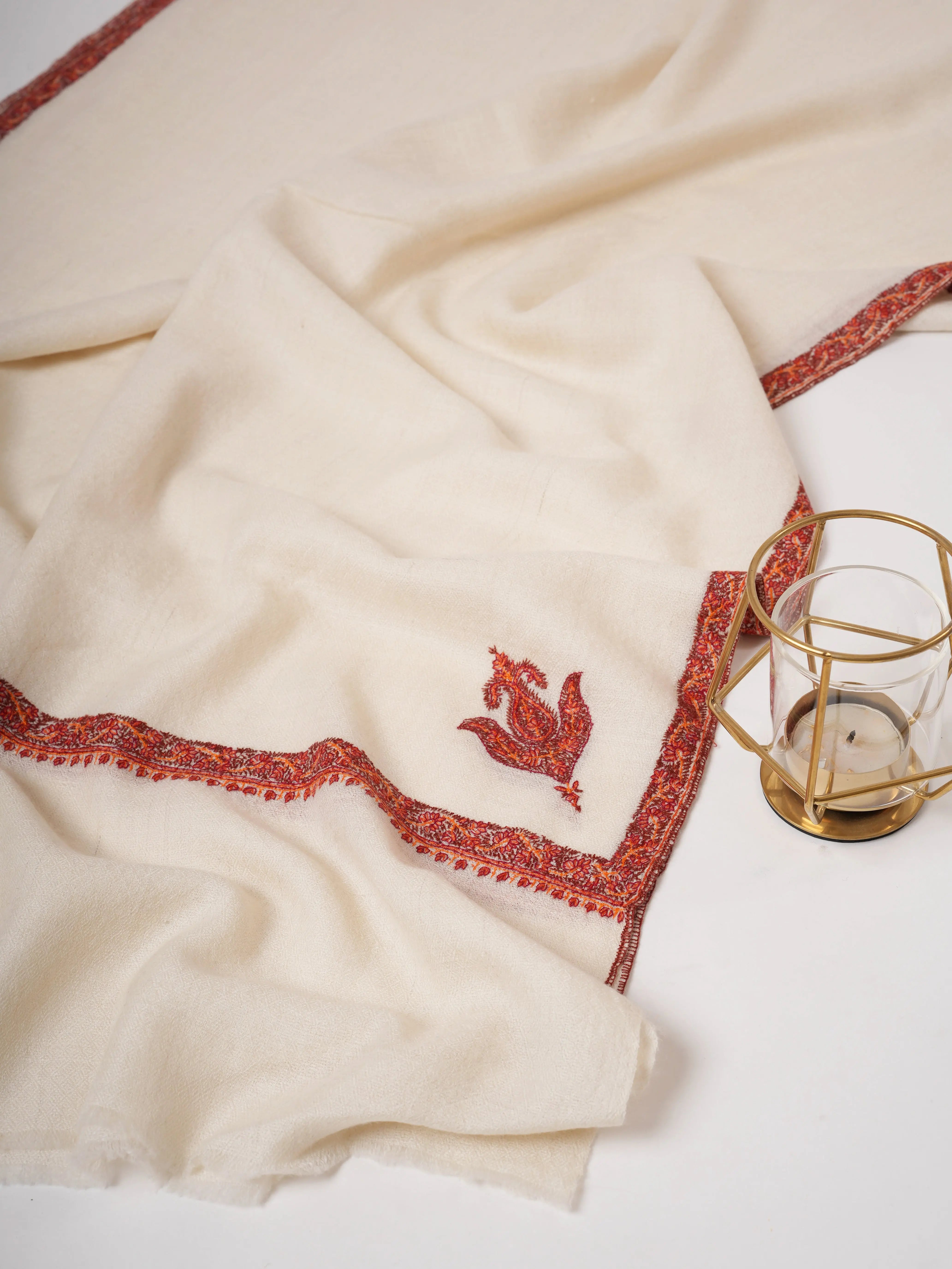 Offwhite Baby Soft Pashmina Scarf with Classic Hashia Embroidery Shahkaar