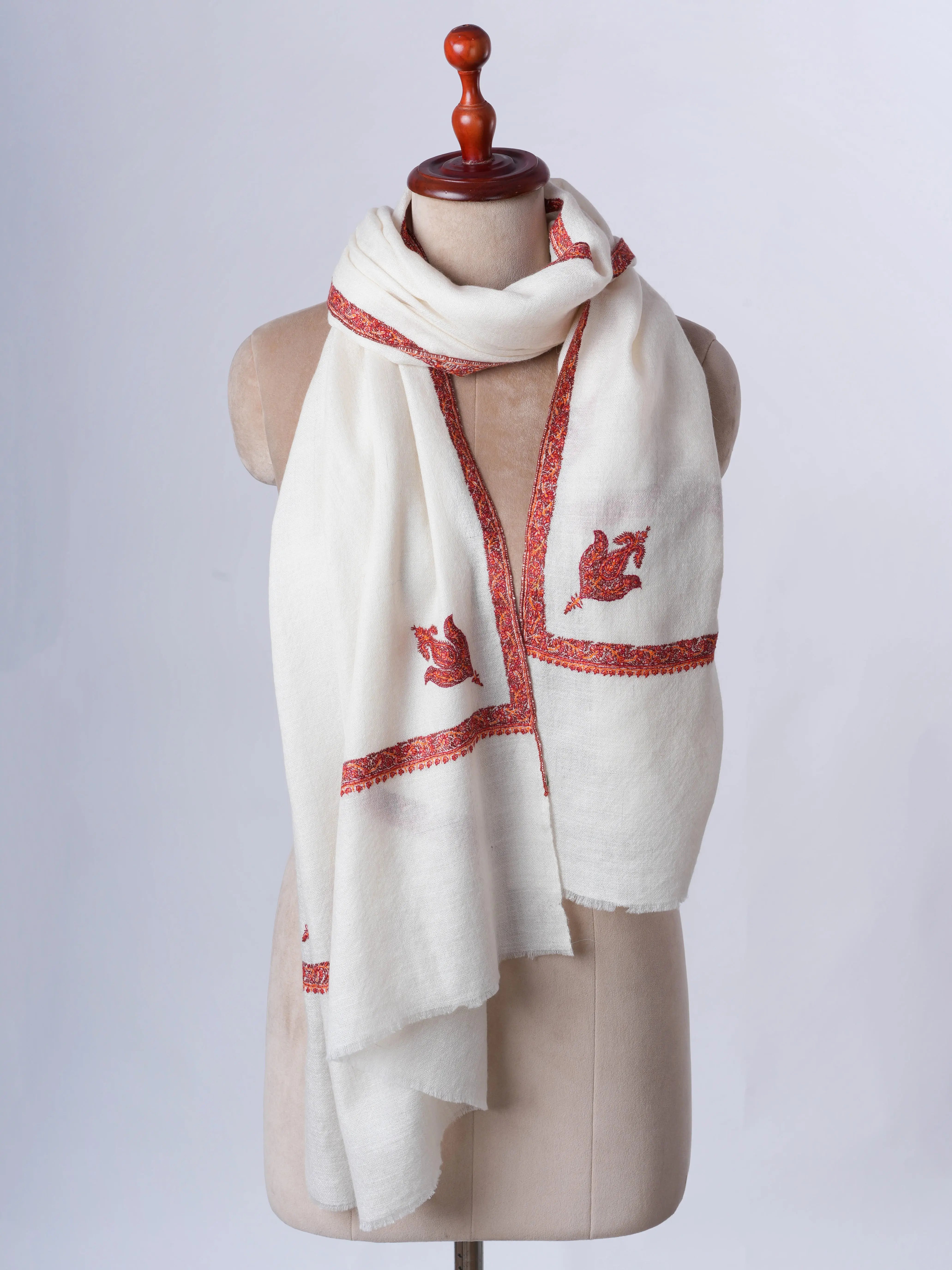 Offwhite Baby Soft Pashmina Scarf with Classic Hashia Embroidery Shahkaar