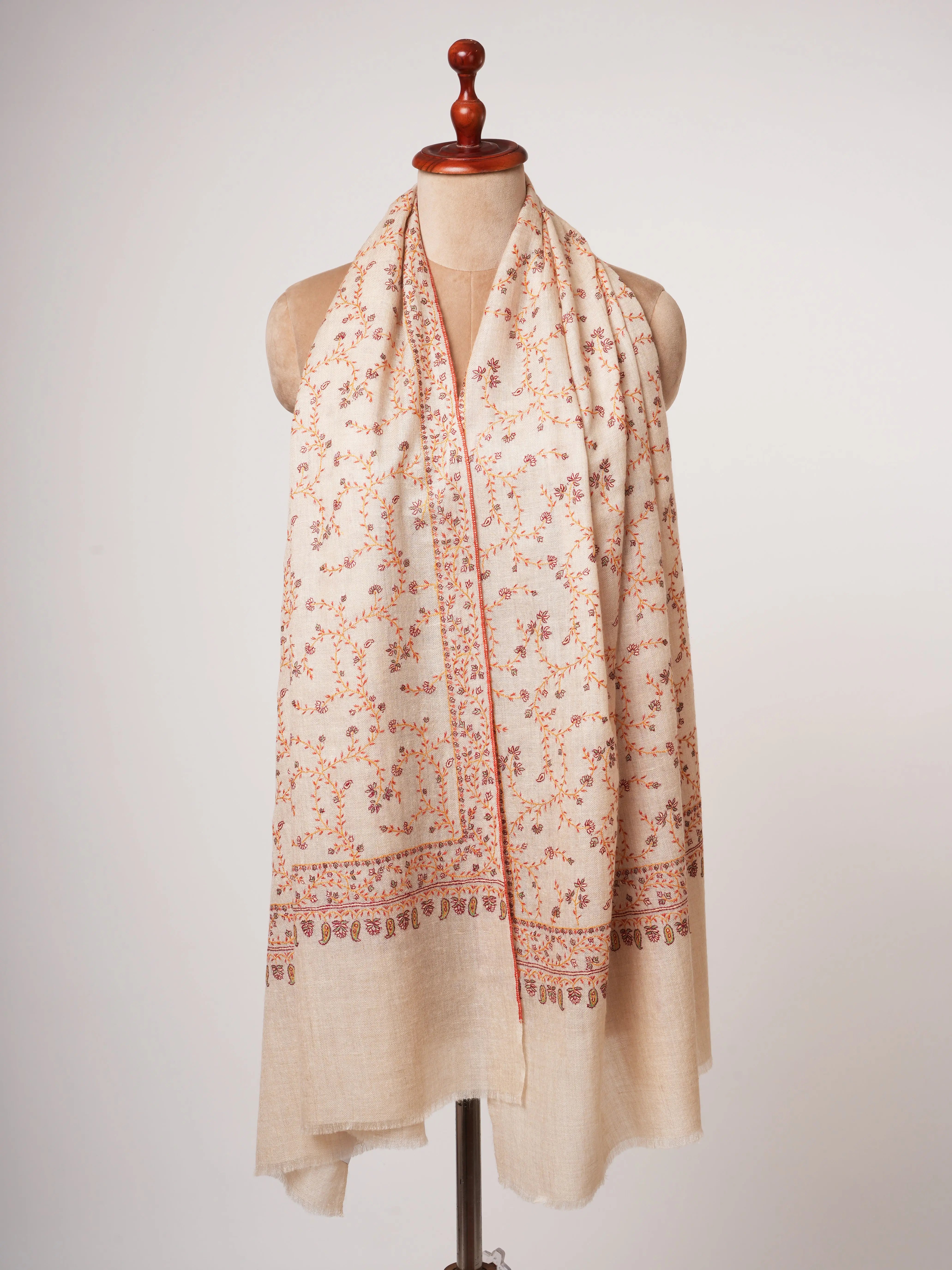 Offwhite Cashmere Scarf with All Over Hand Embroidery Shahkaar