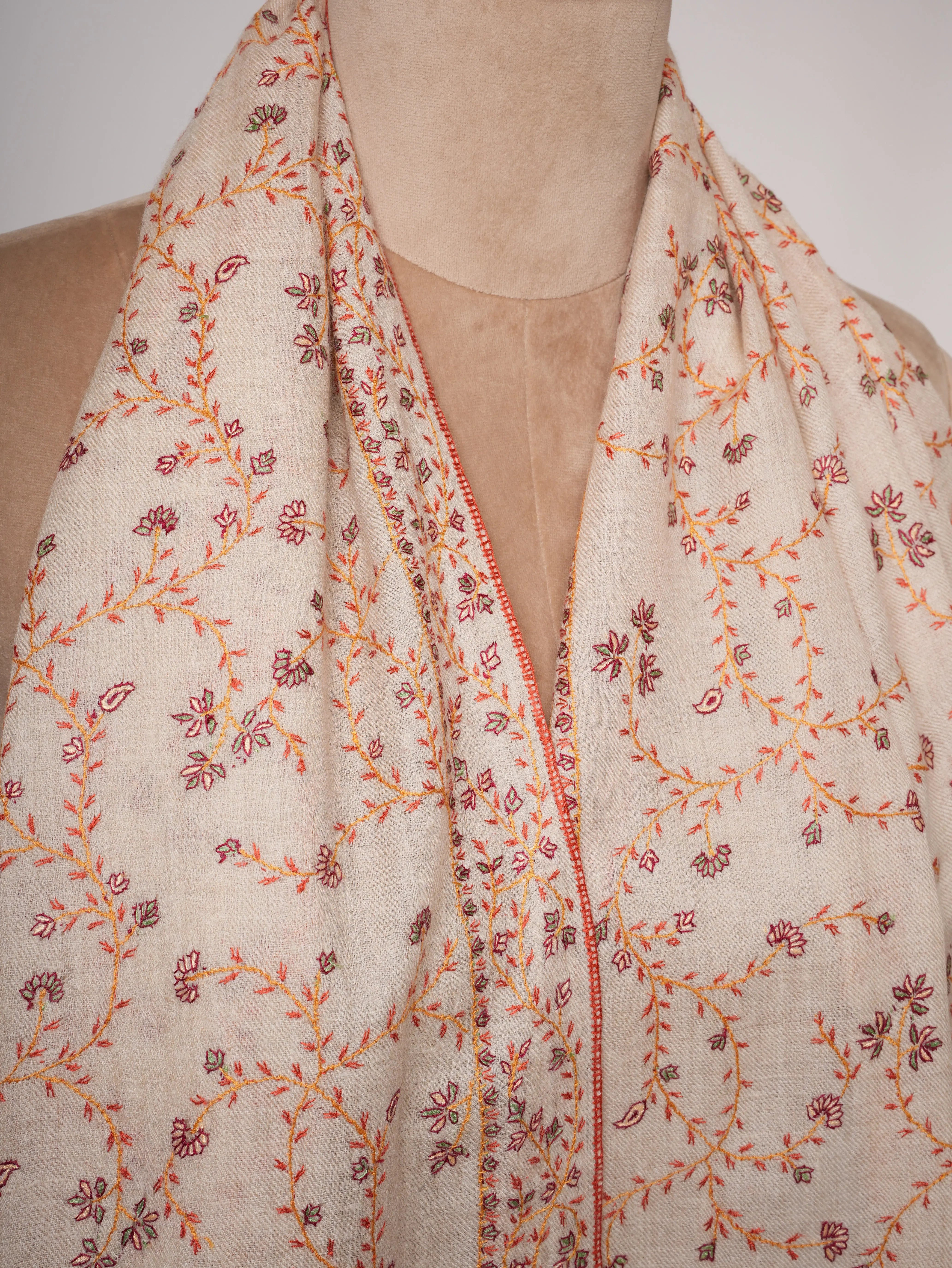 Offwhite Cashmere Scarf with All Over Hand Embroidery Shahkaar