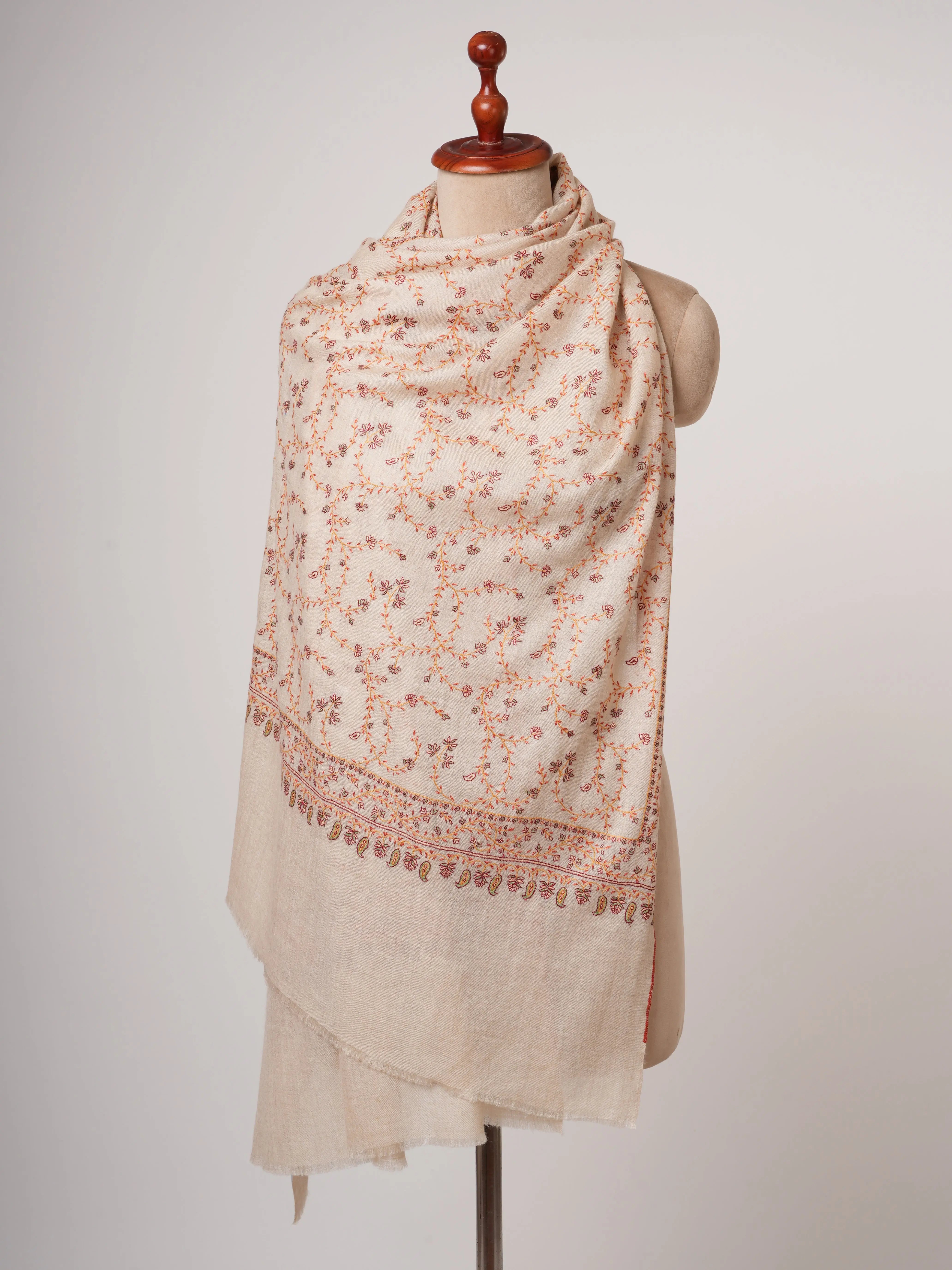 Offwhite Cashmere Scarf with All Over Hand Embroidery Shahkaar