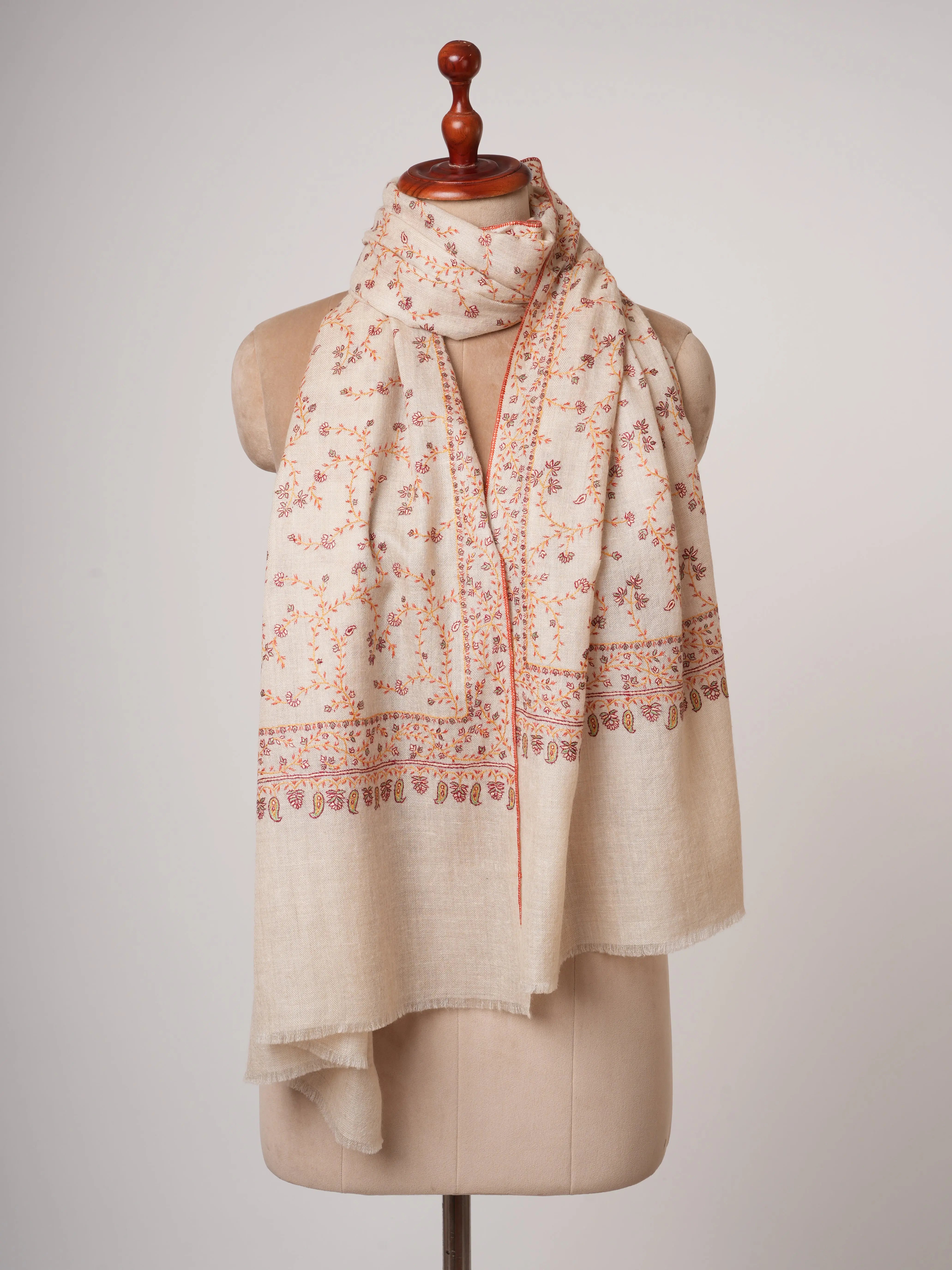 Offwhite Cashmere Scarf with All Over Hand Embroidery Shahkaar