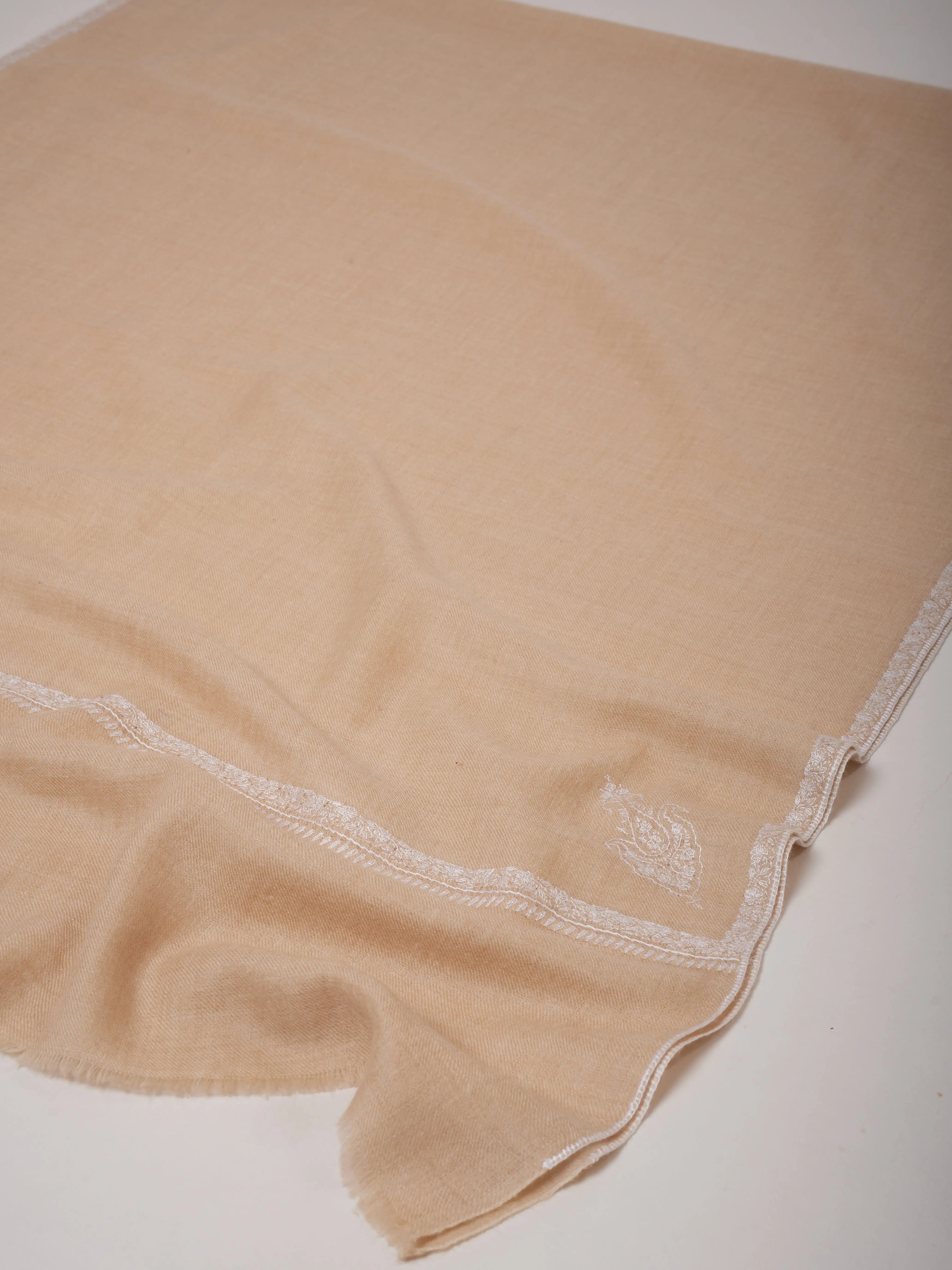 Offwhite Cashmere Scarf with White Sozni Bail Embroidery Shahkaar