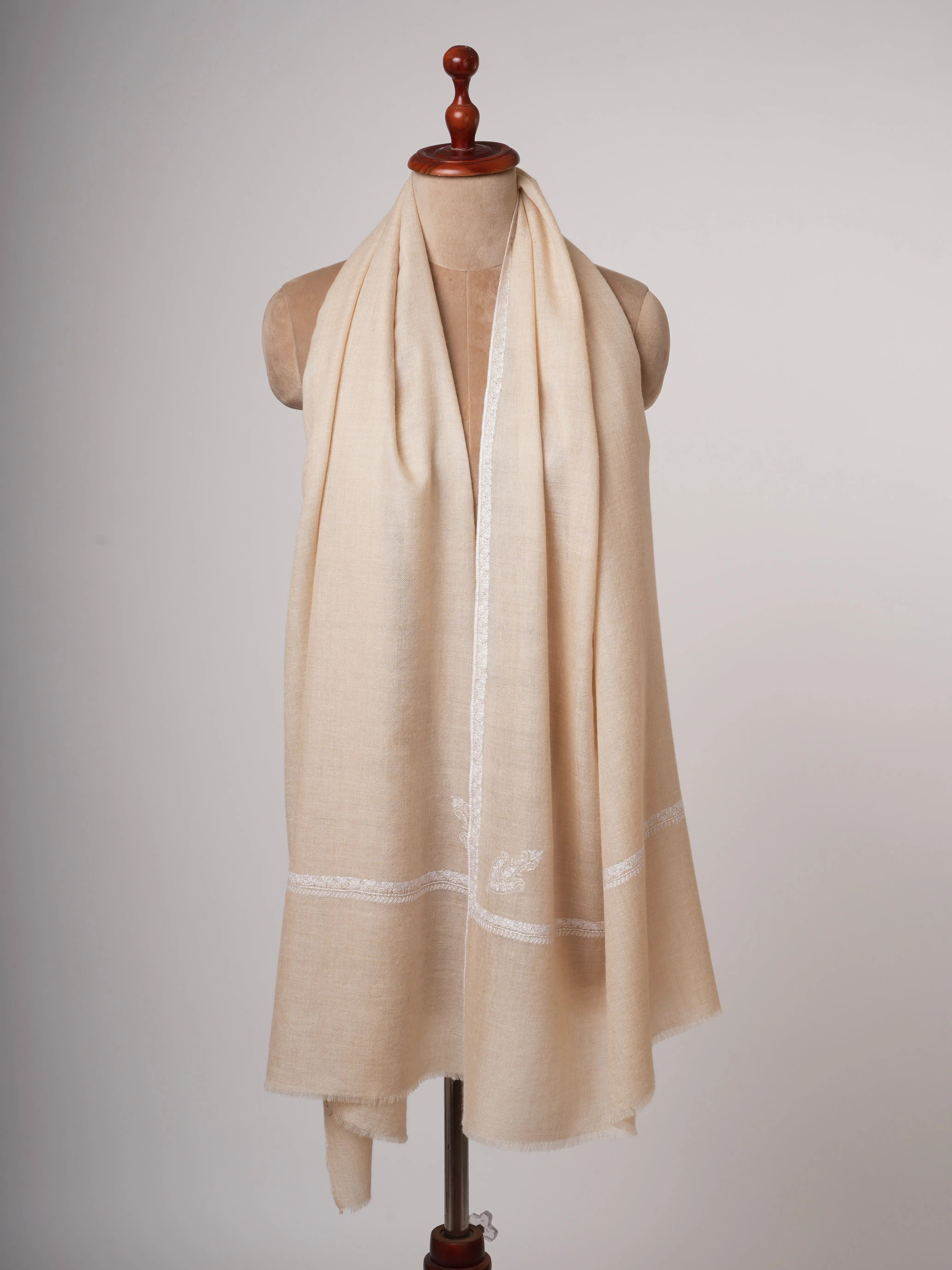 Offwhite Cashmere Scarf with White Sozni Bail Embroidery Shahkaar