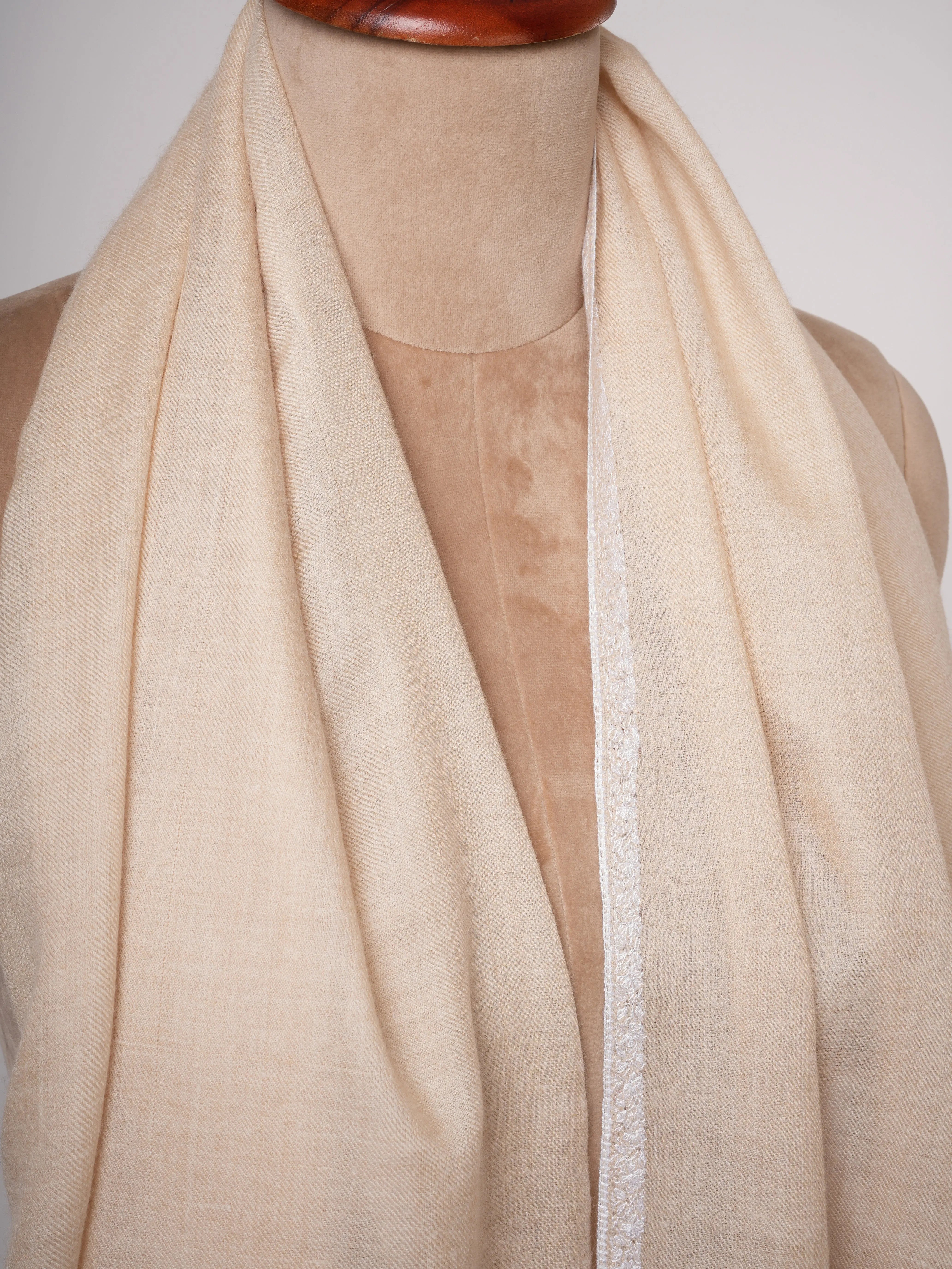 Offwhite Cashmere Scarf with White Sozni Bail Embroidery Shahkaar