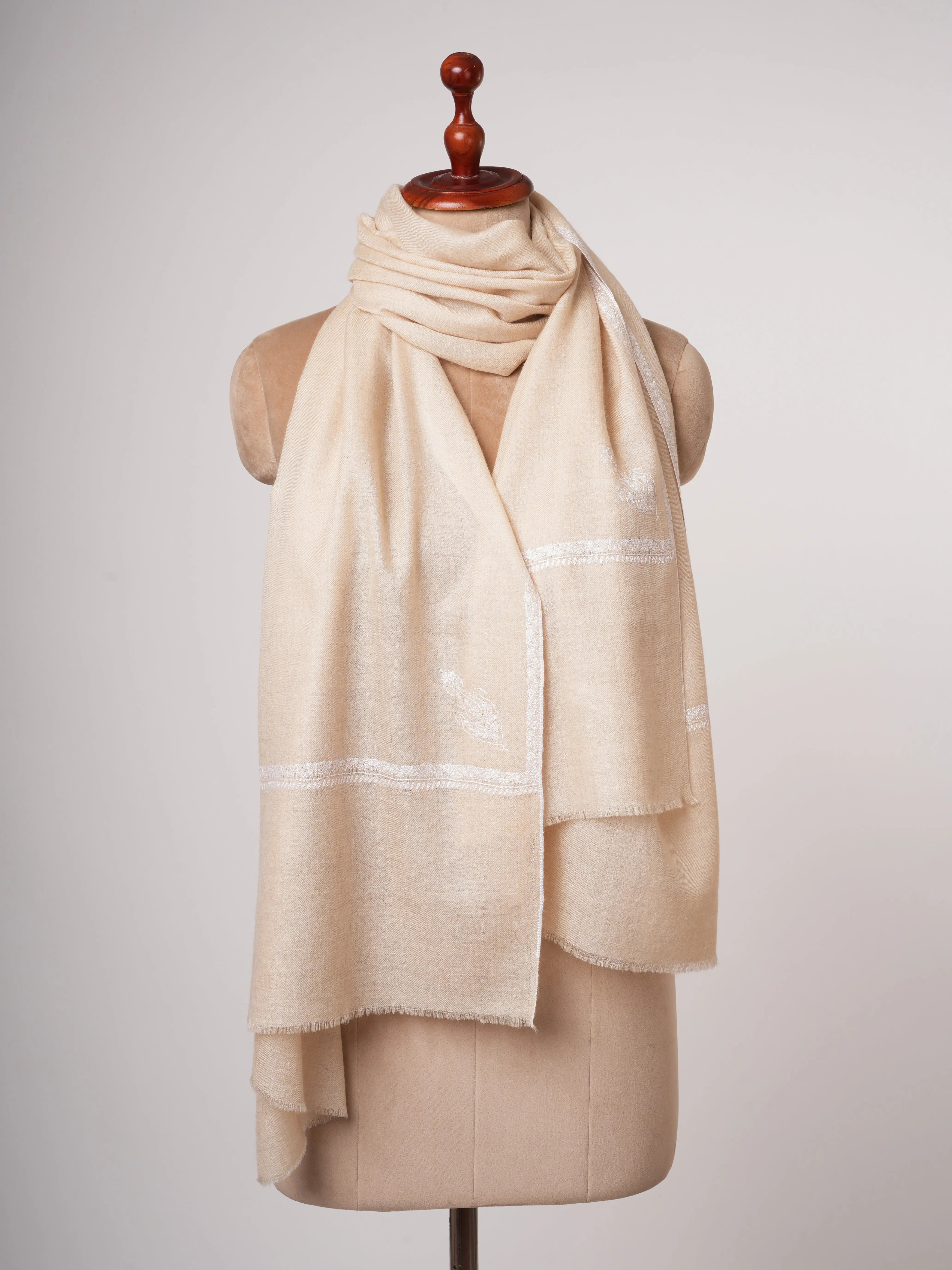 Offwhite Cashmere Scarf with White Sozni Bail Embroidery Shahkaar