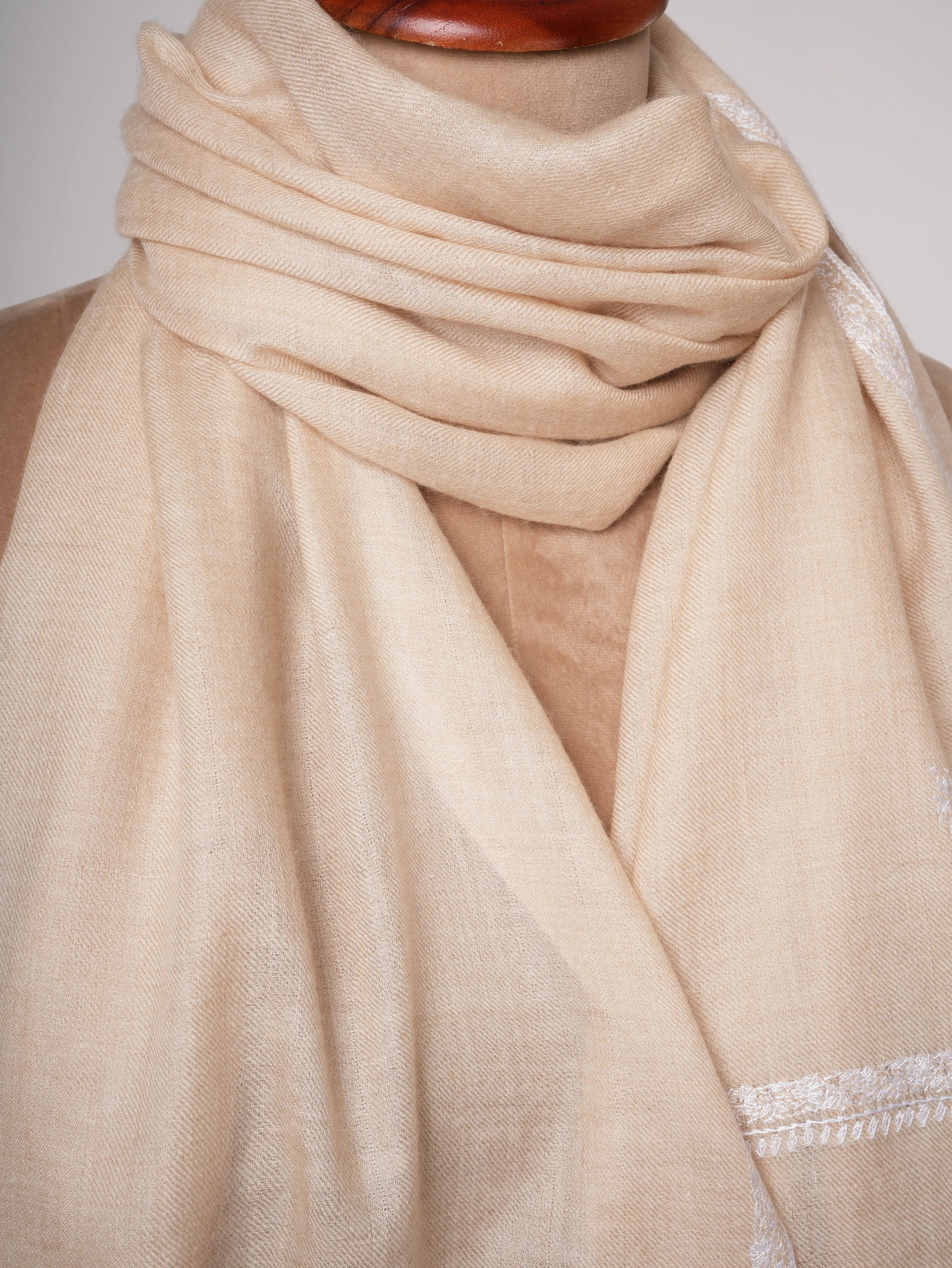 Offwhite Cashmere Scarf with White Sozni Bail Embroidery Shahkaar