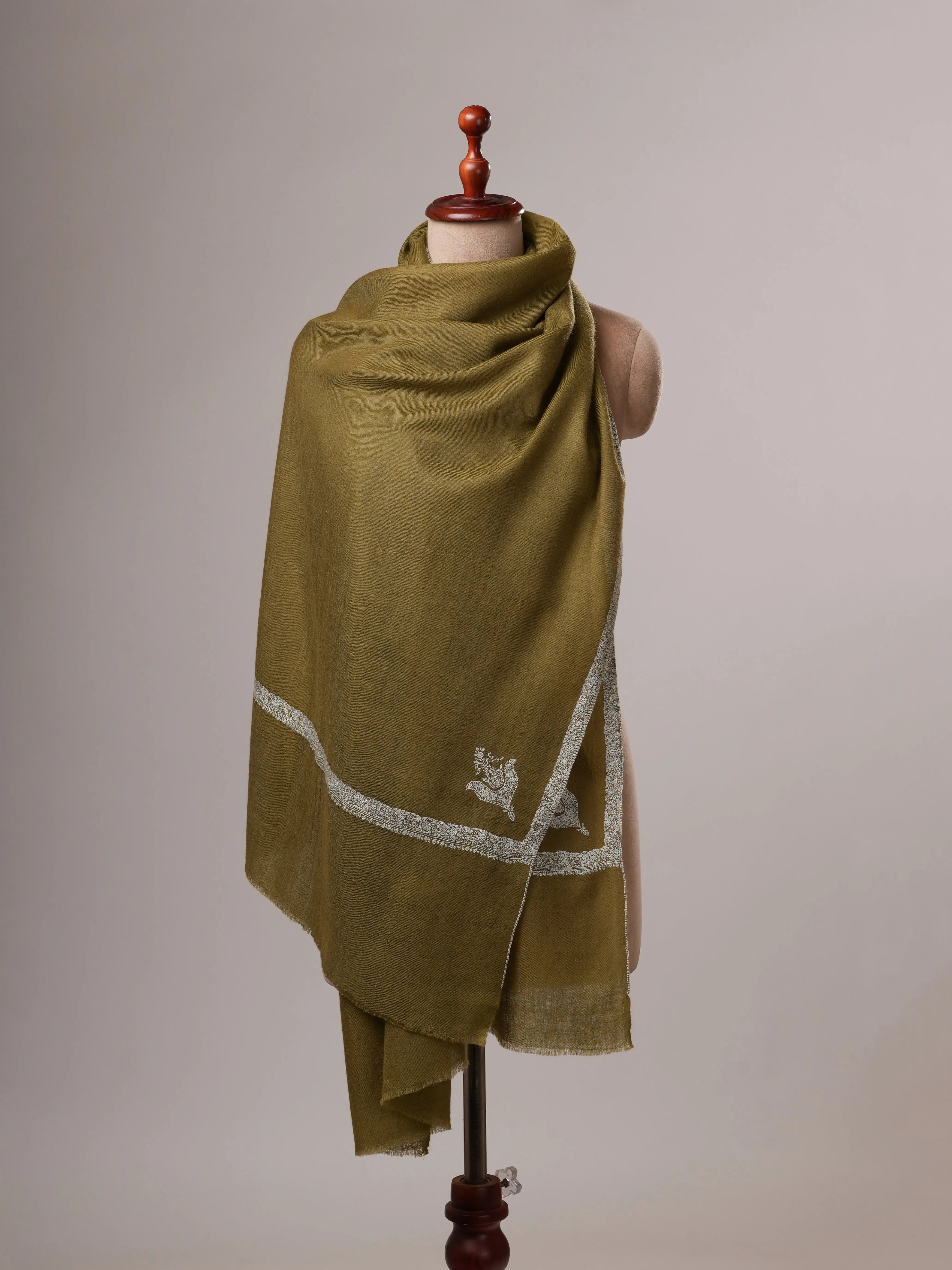 Olive Cashmere Scarf with Hashia Hand Embroidery Shahkaar