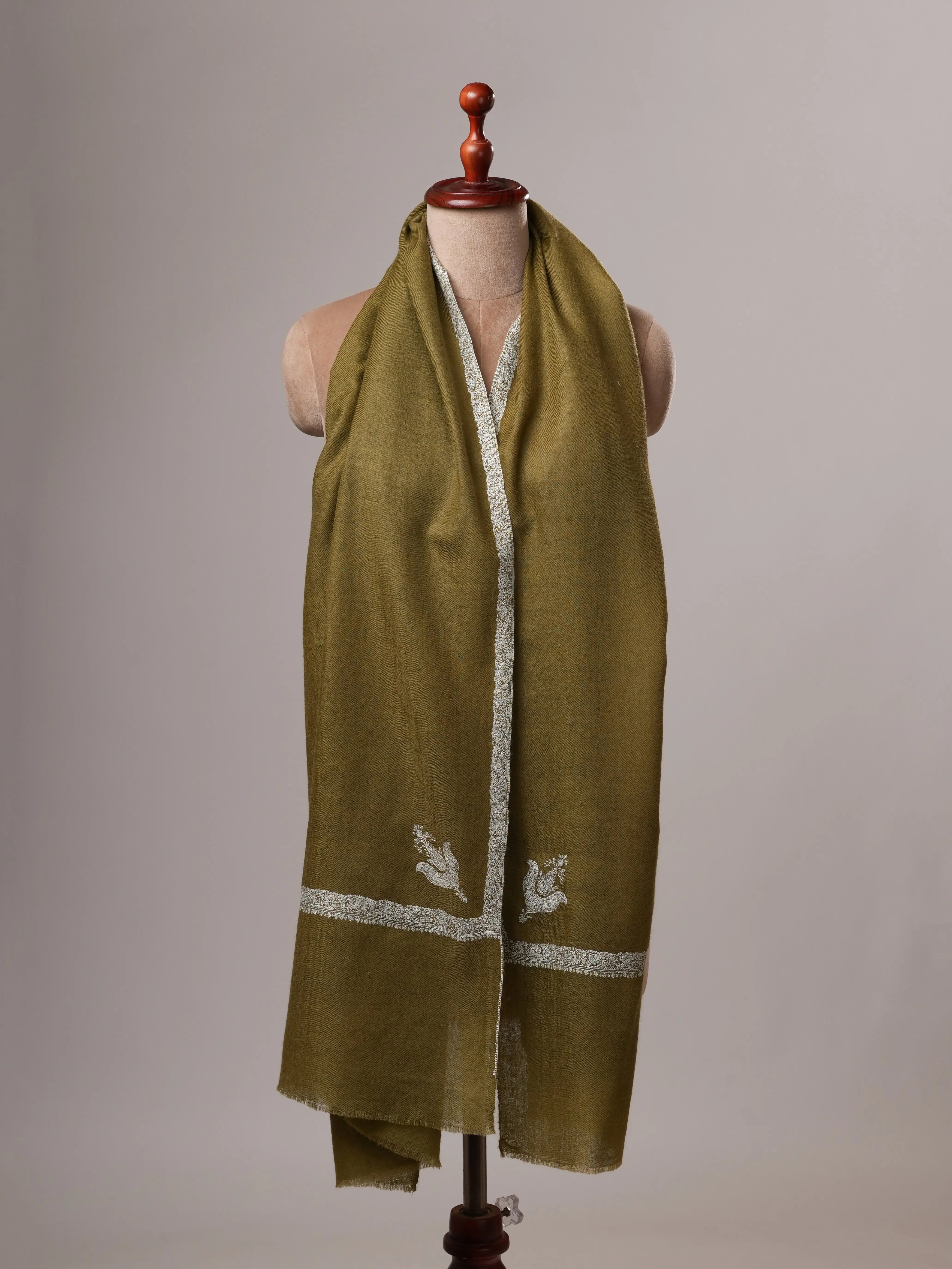 Olive Cashmere Scarf with Hashia Hand Embroidery Shahkaar