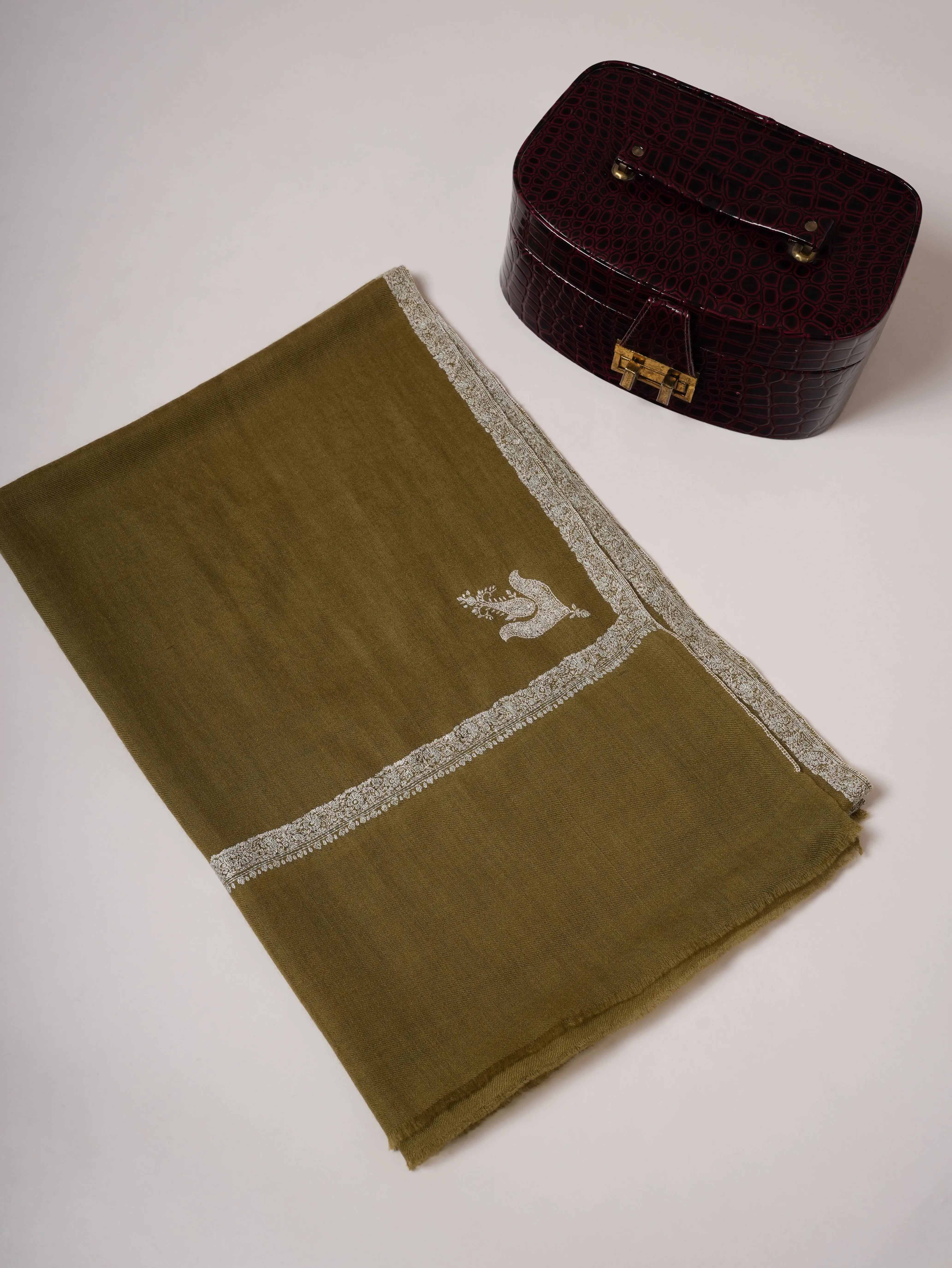 Olive Cashmere Scarf with Hashia Hand Embroidery Shahkaar