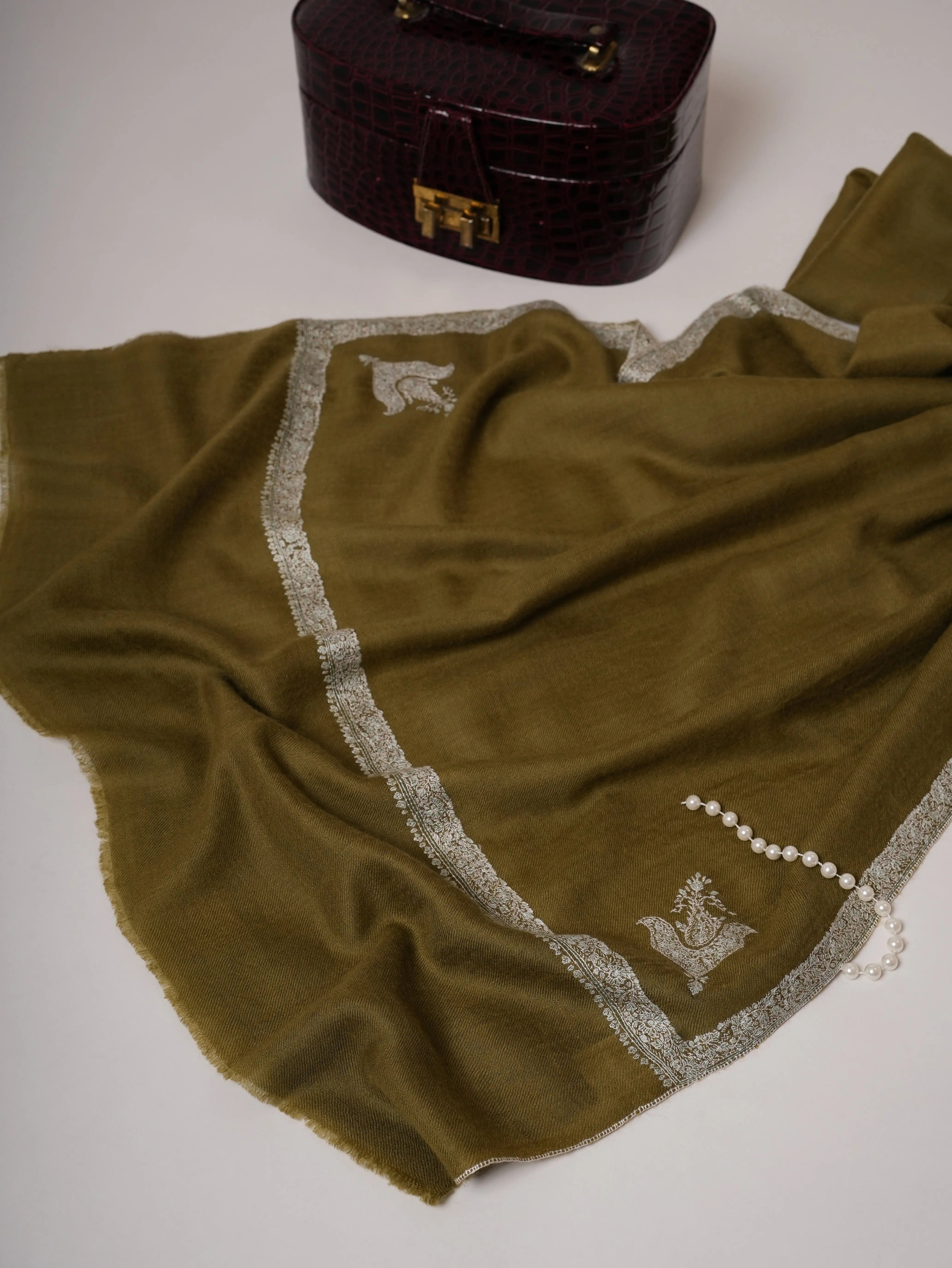 Olive Cashmere Scarf with Hashia Hand Embroidery Shahkaar