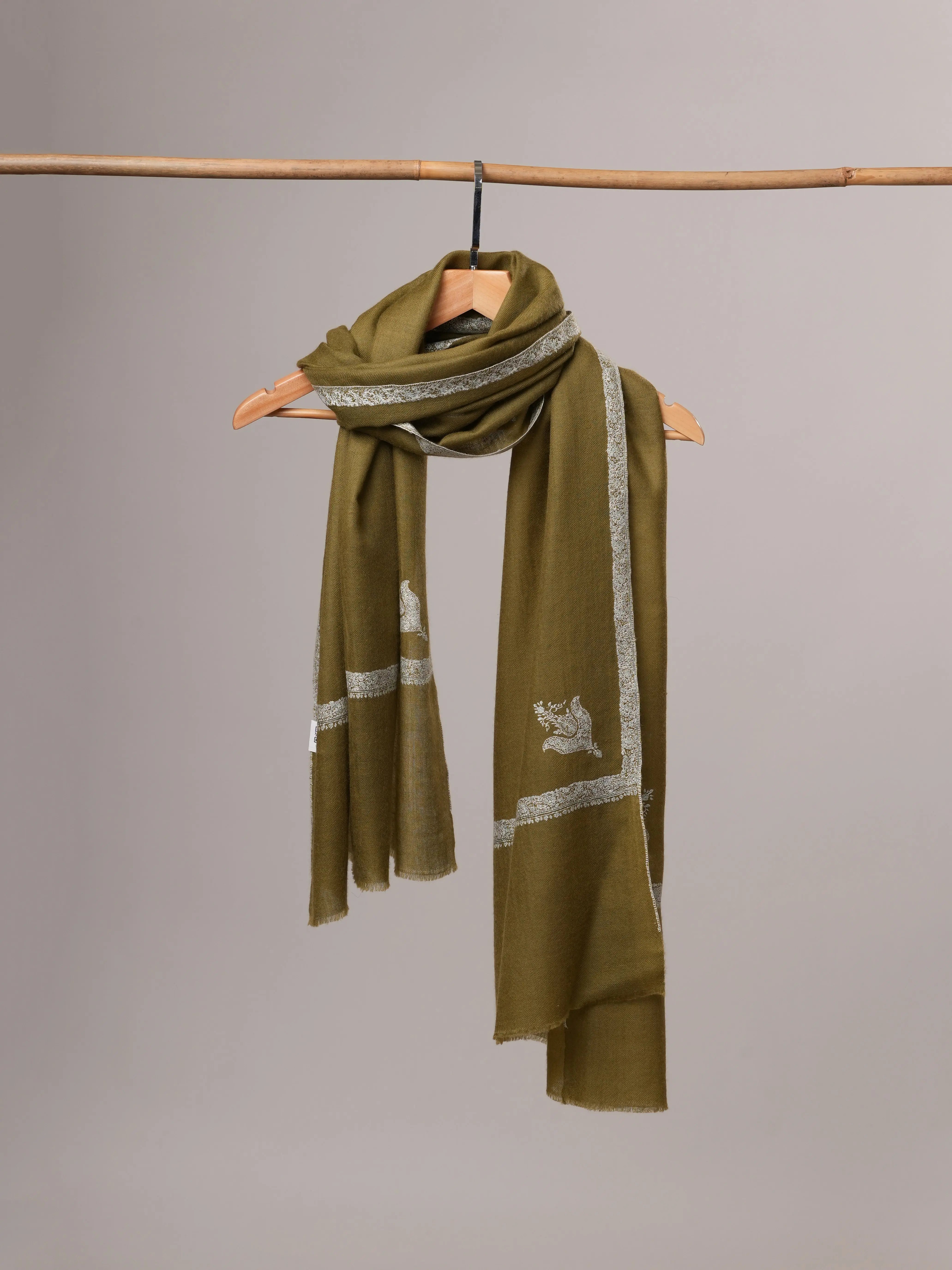 Olive Cashmere Scarf with Hashia Hand Embroidery Shahkaar