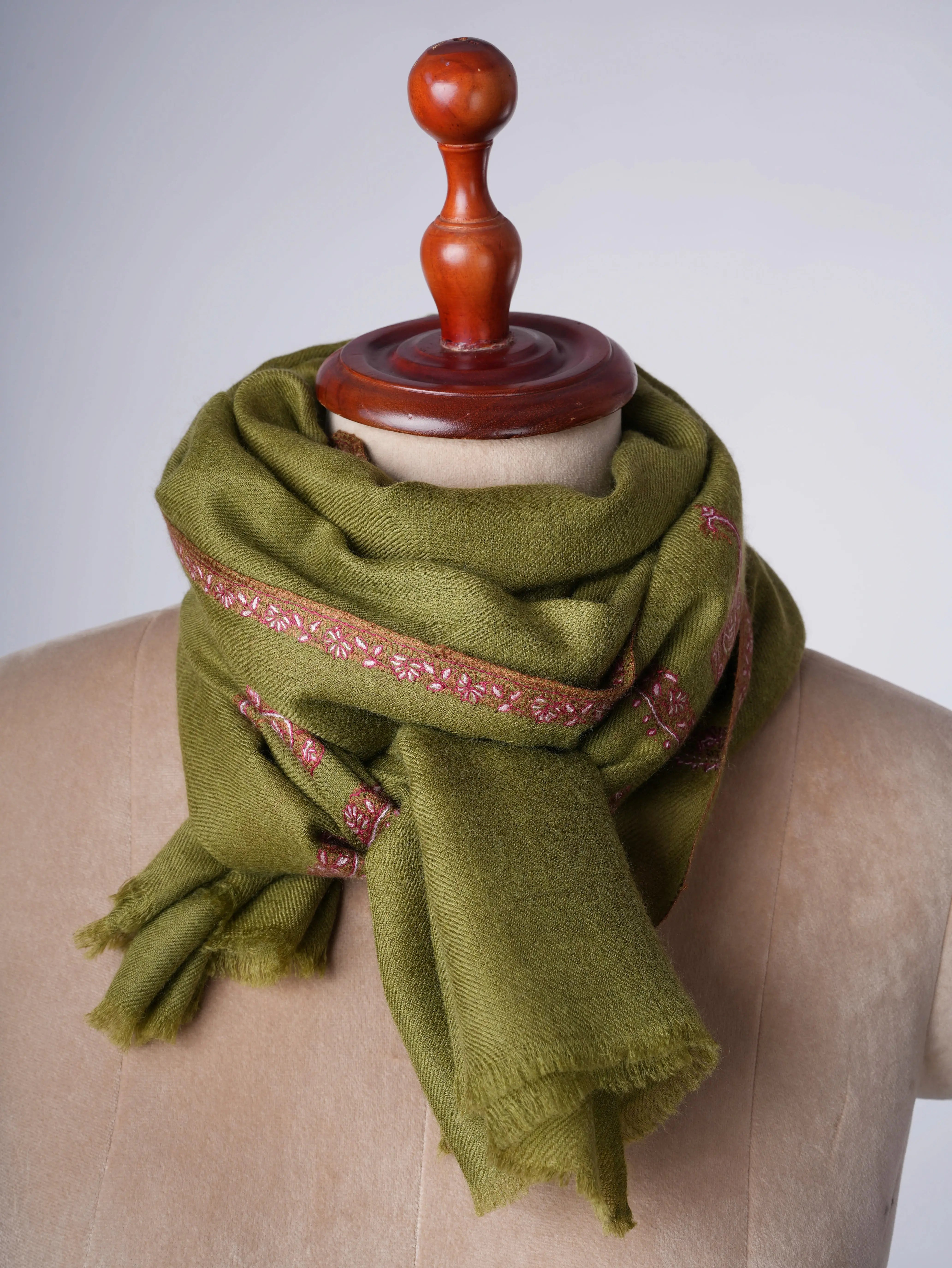 Olive Green Baby Soft Cashmere Scarf – Handloomed & Hand Embroidered with Traditional Bail Work Shahkaar