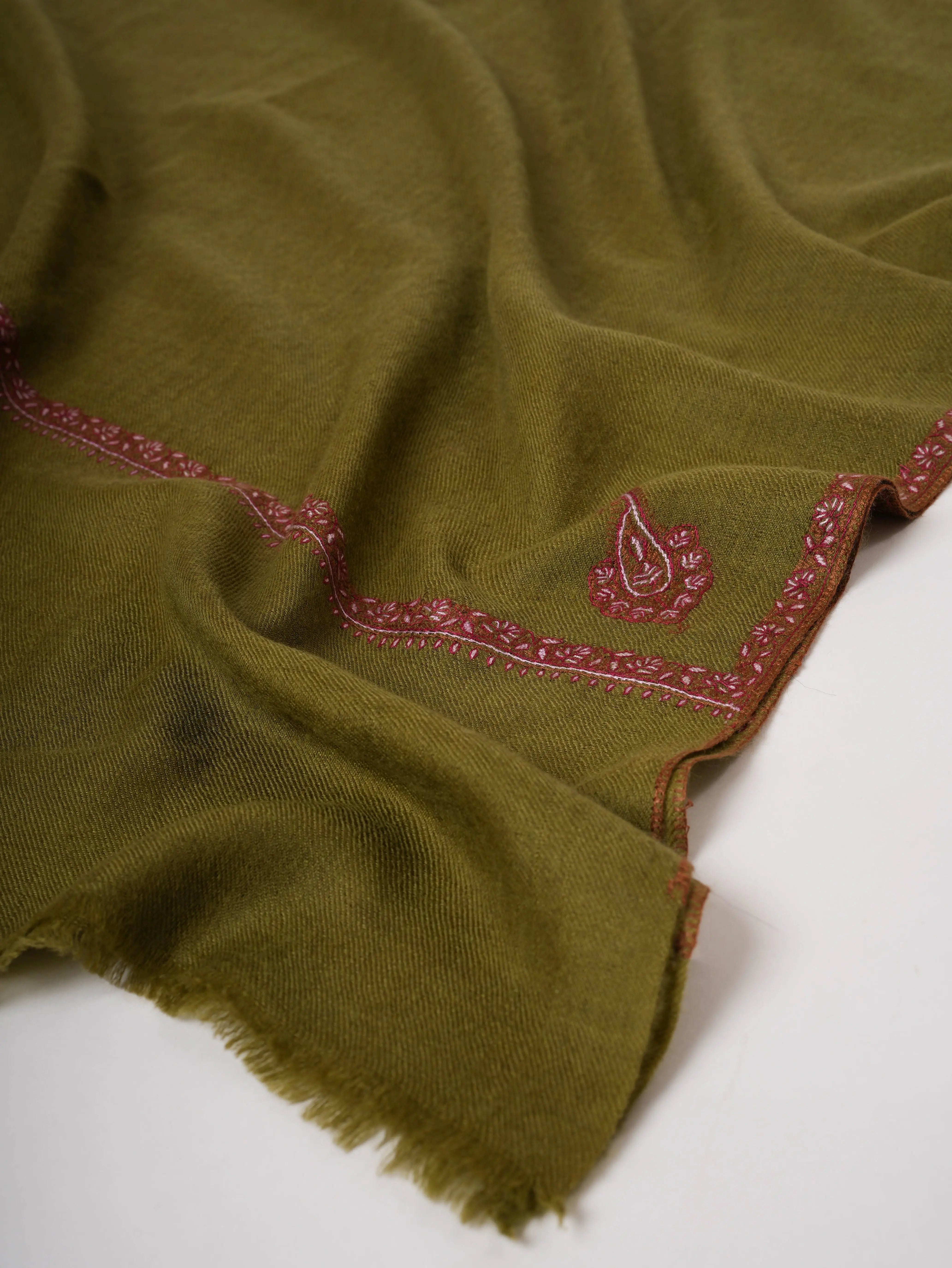 Olive Green Baby Soft Cashmere Scarf – Handloomed & Hand Embroidered with Traditional Bail Work Shahkaar