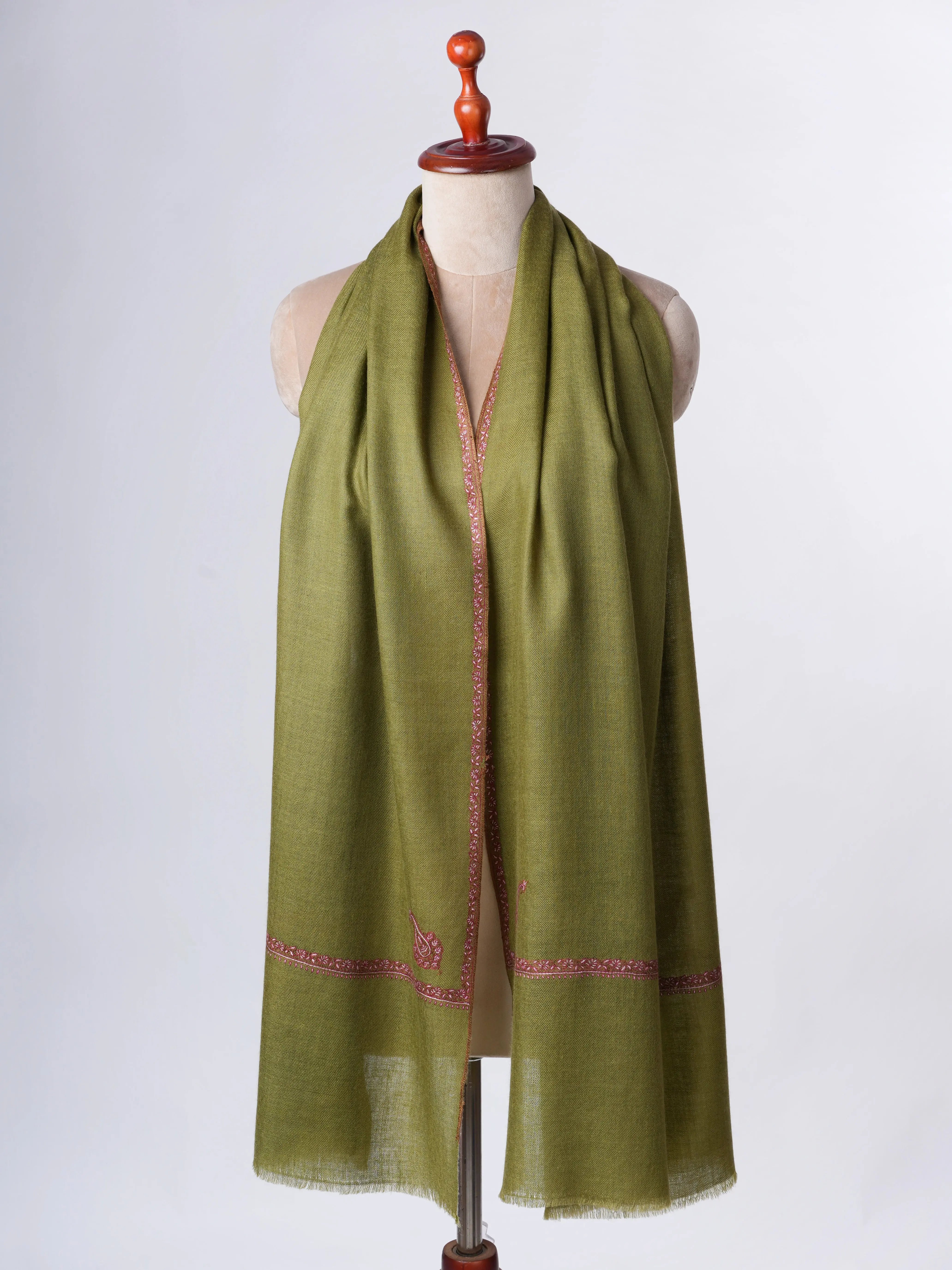 Olive Green Baby Soft Cashmere Scarf – Handloomed & Hand Embroidered with Traditional Bail Work Shahkaar