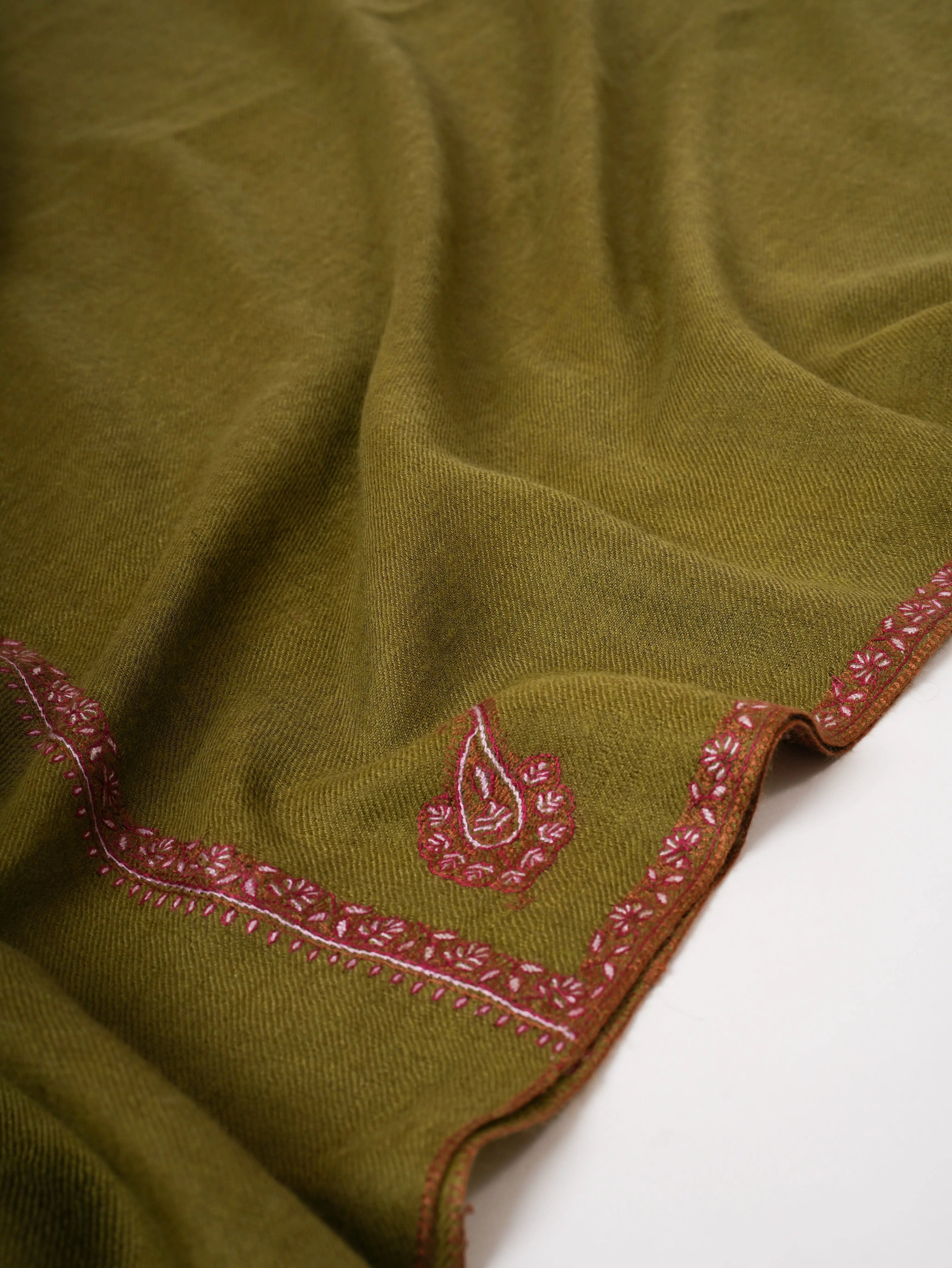 Olive Green Baby Soft Cashmere Scarf – Handloomed & Hand Embroidered with Traditional Bail Work Shahkaar