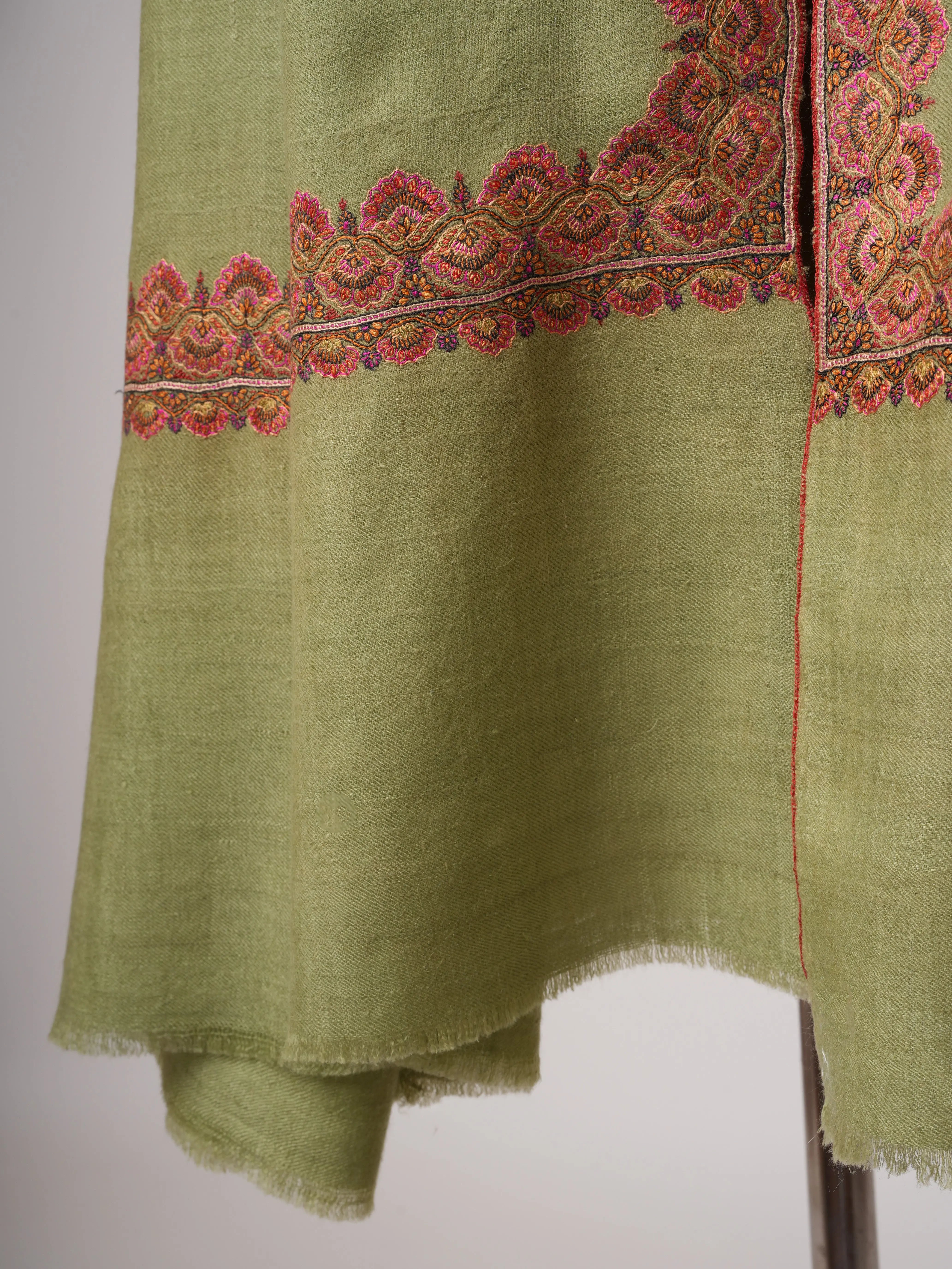 Olive Green Silken Embroidered Beautiful Cashmere Wrap - HELBYVILLE Shahkaar