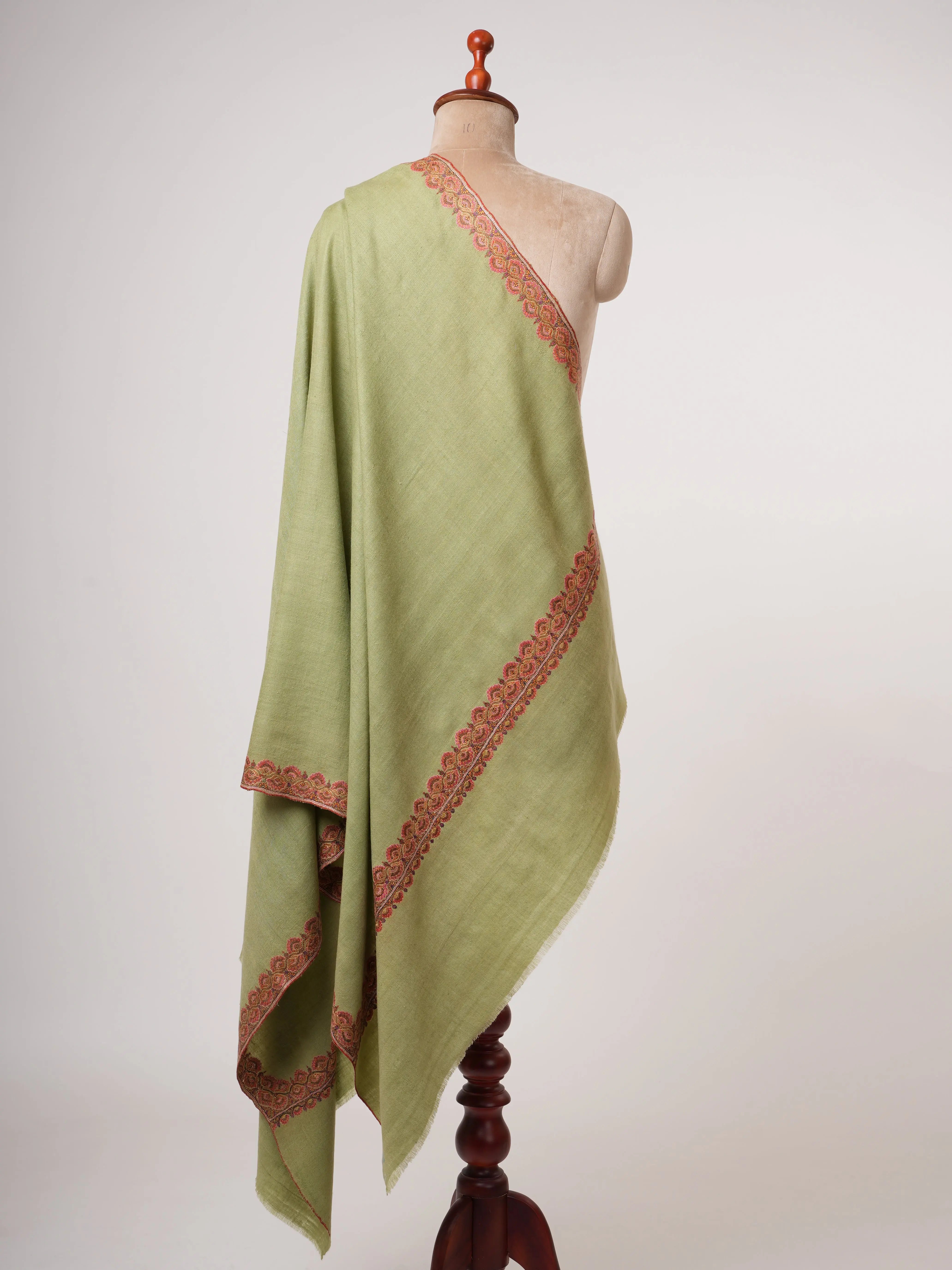 Olive Green Silken Embroidered Beautiful Cashmere Wrap - HELBYVILLE Shahkaar