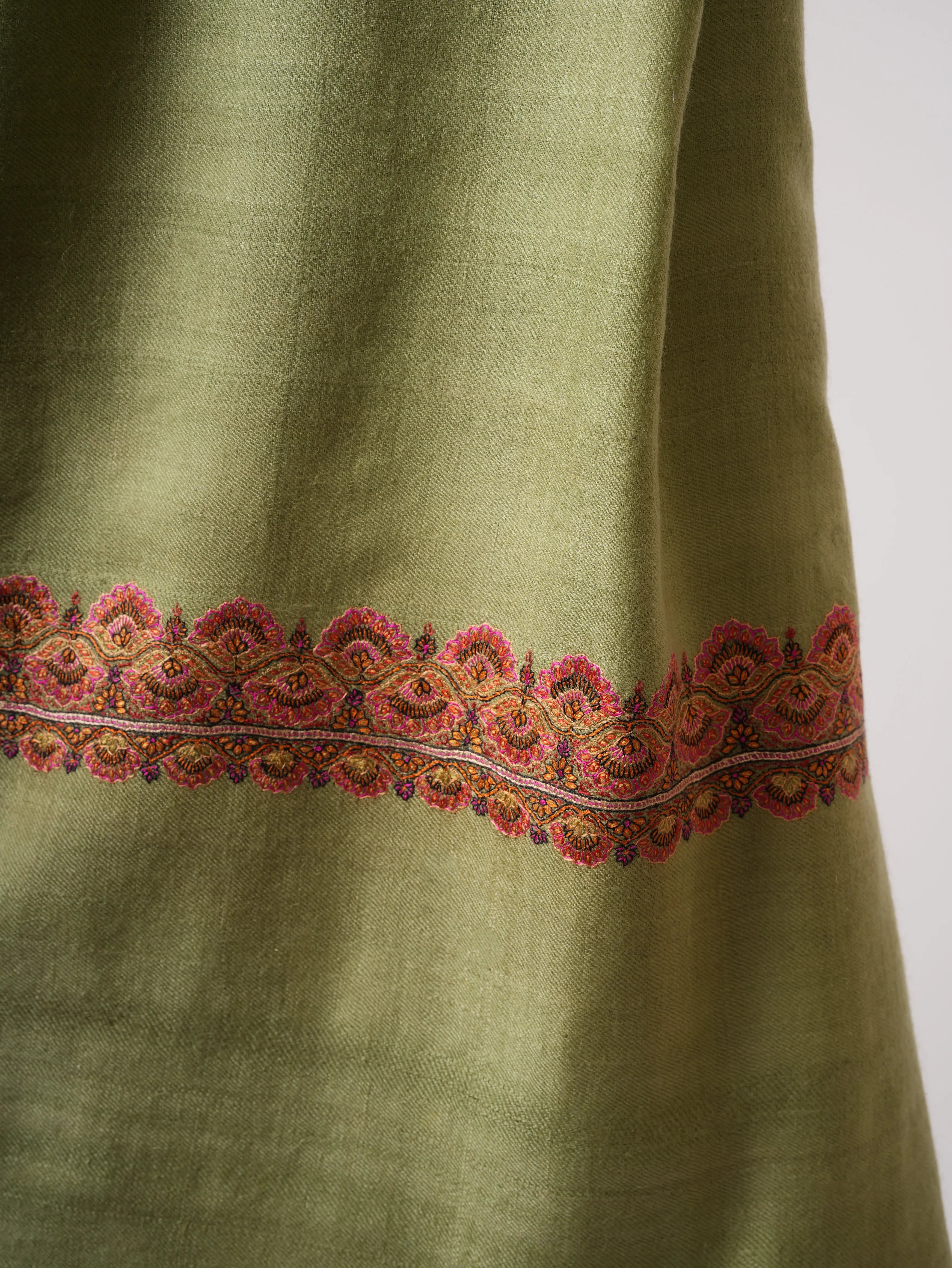 Olive Green Silken Embroidered Beautiful Cashmere Wrap - HELBYVILLE Shahkaar