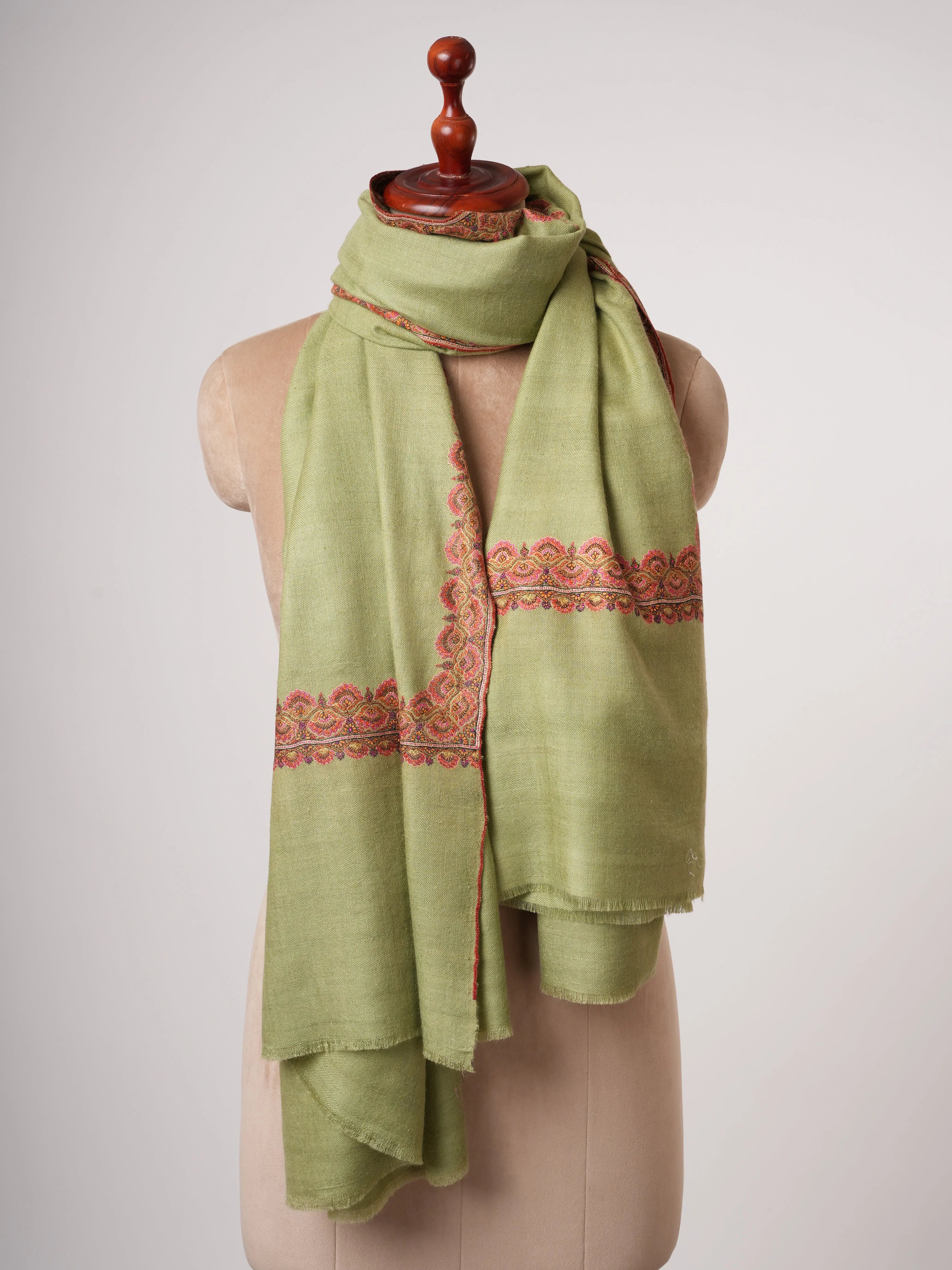 Olive Green Silken Embroidered Beautiful Cashmere Wrap - HELBYVILLE Shahkaar