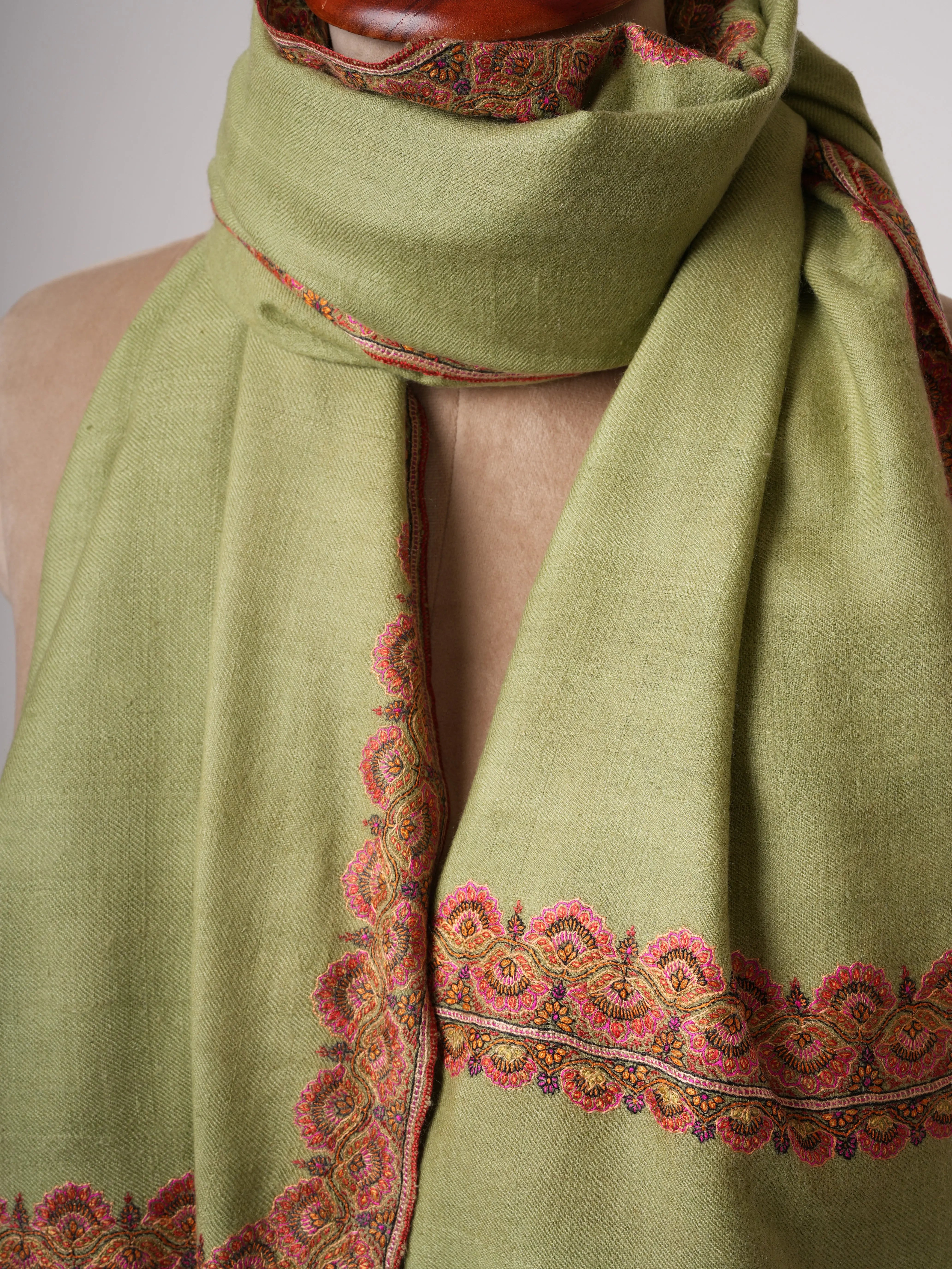 Olive Green Silken Embroidered Beautiful Cashmere Wrap - HELBYVILLE Shahkaar