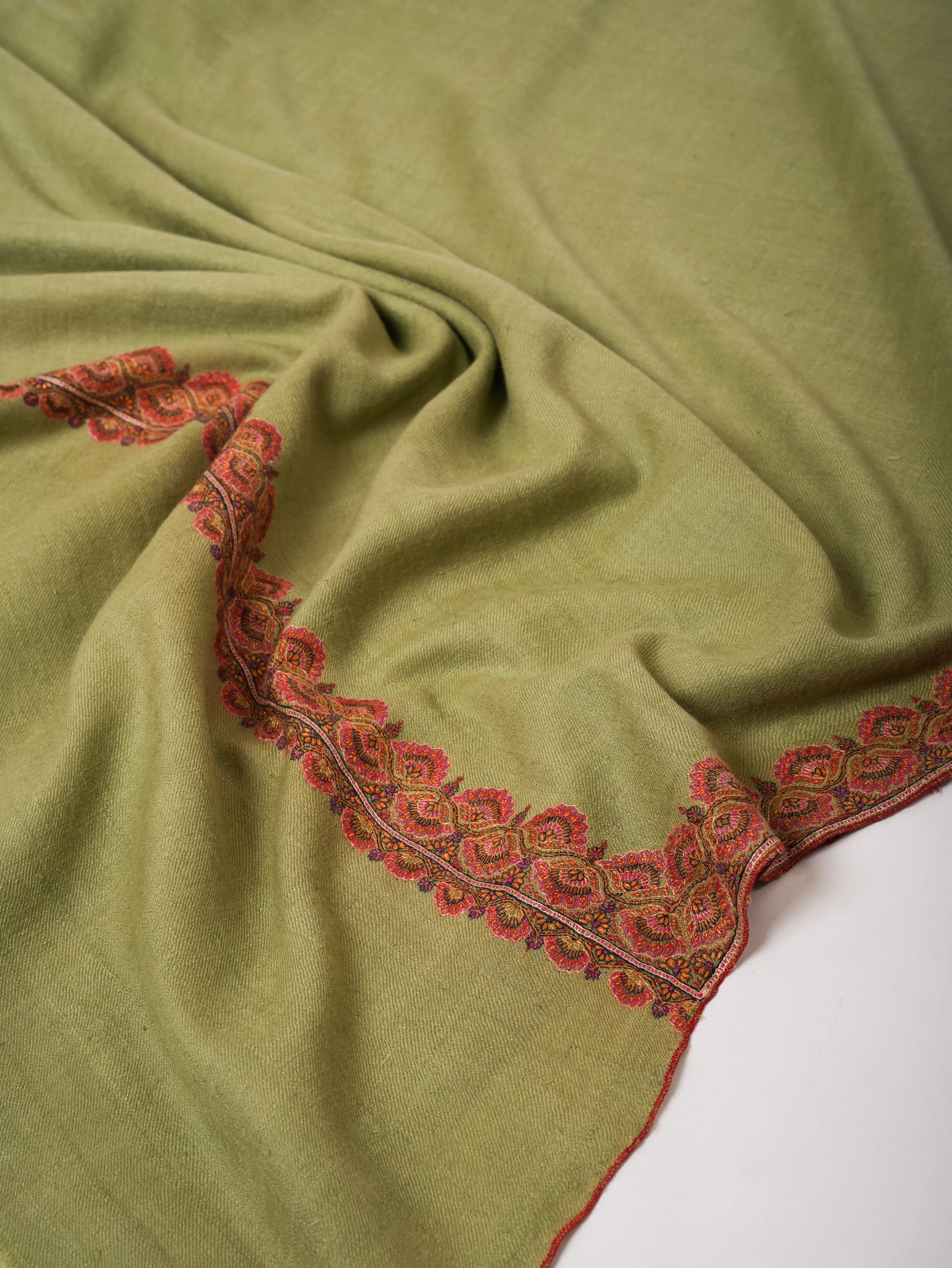 Olive Green Silken Embroidered Beautiful Cashmere Wrap - HELBYVILLE Shahkaar