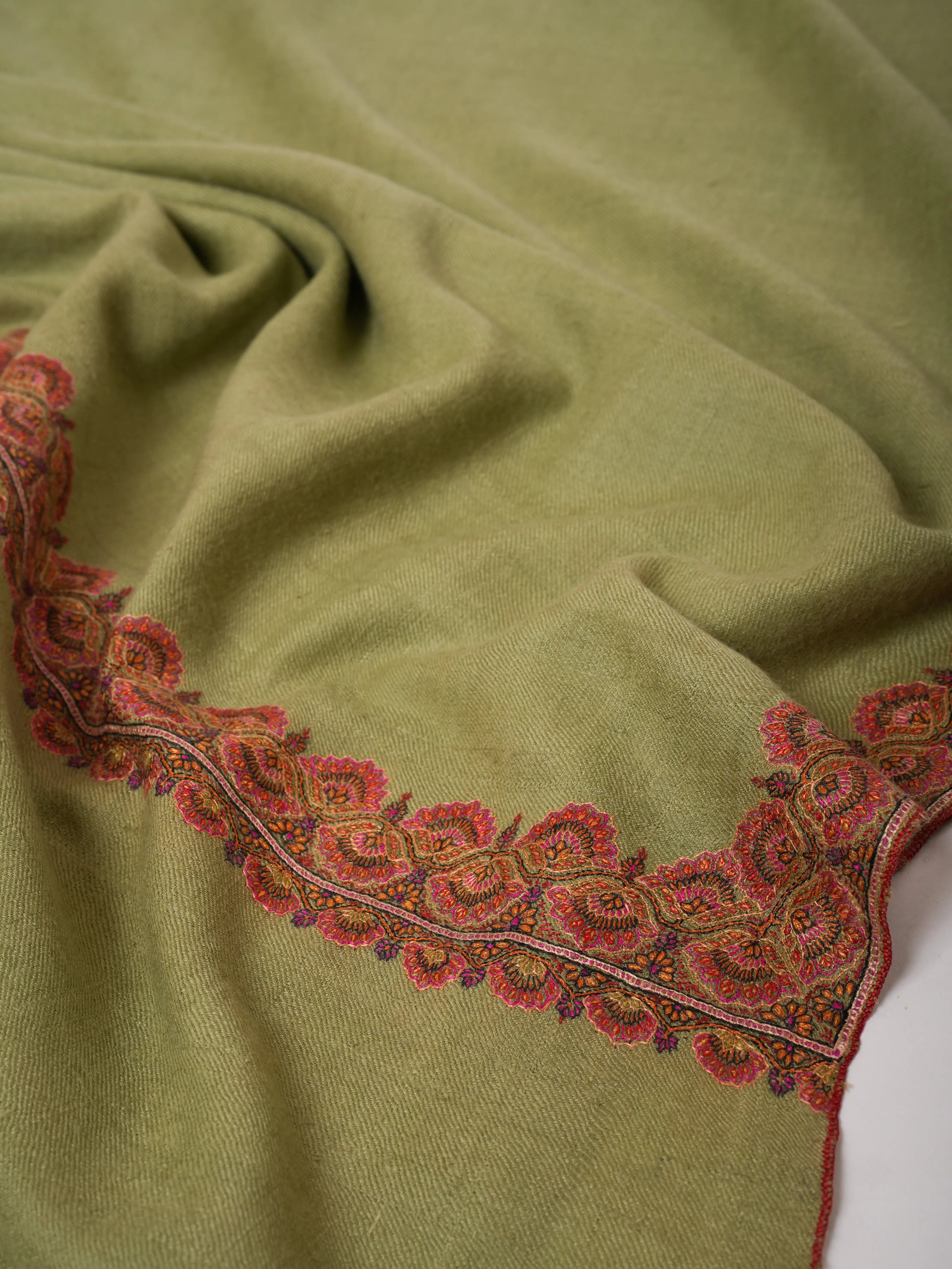 Olive Green Silken Embroidered Beautiful Cashmere Wrap - HELBYVILLE Shahkaar