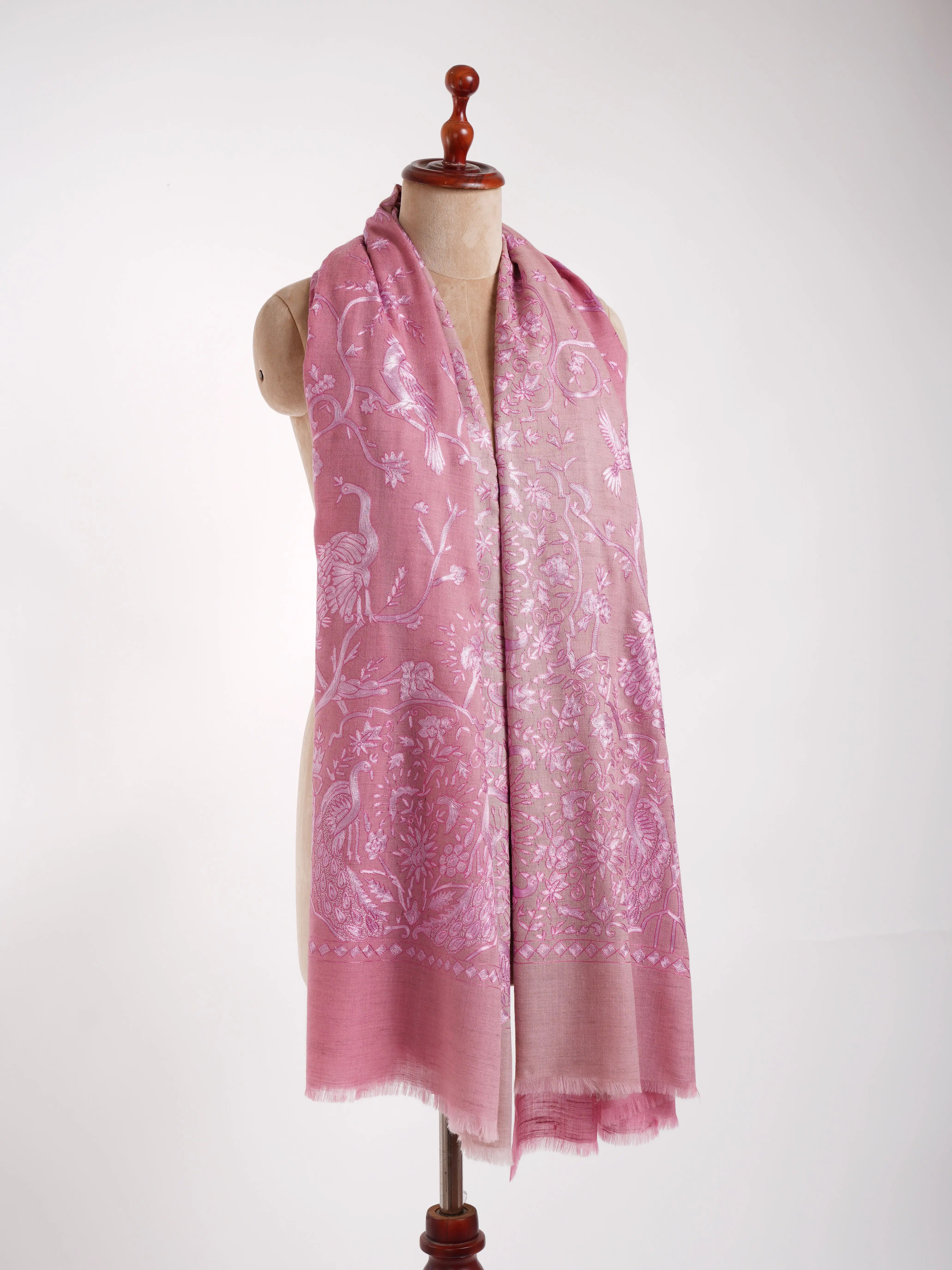 Ombre Baby Pink Peacock Embroidered Pashmina Jamavar Shawl Shahkaar