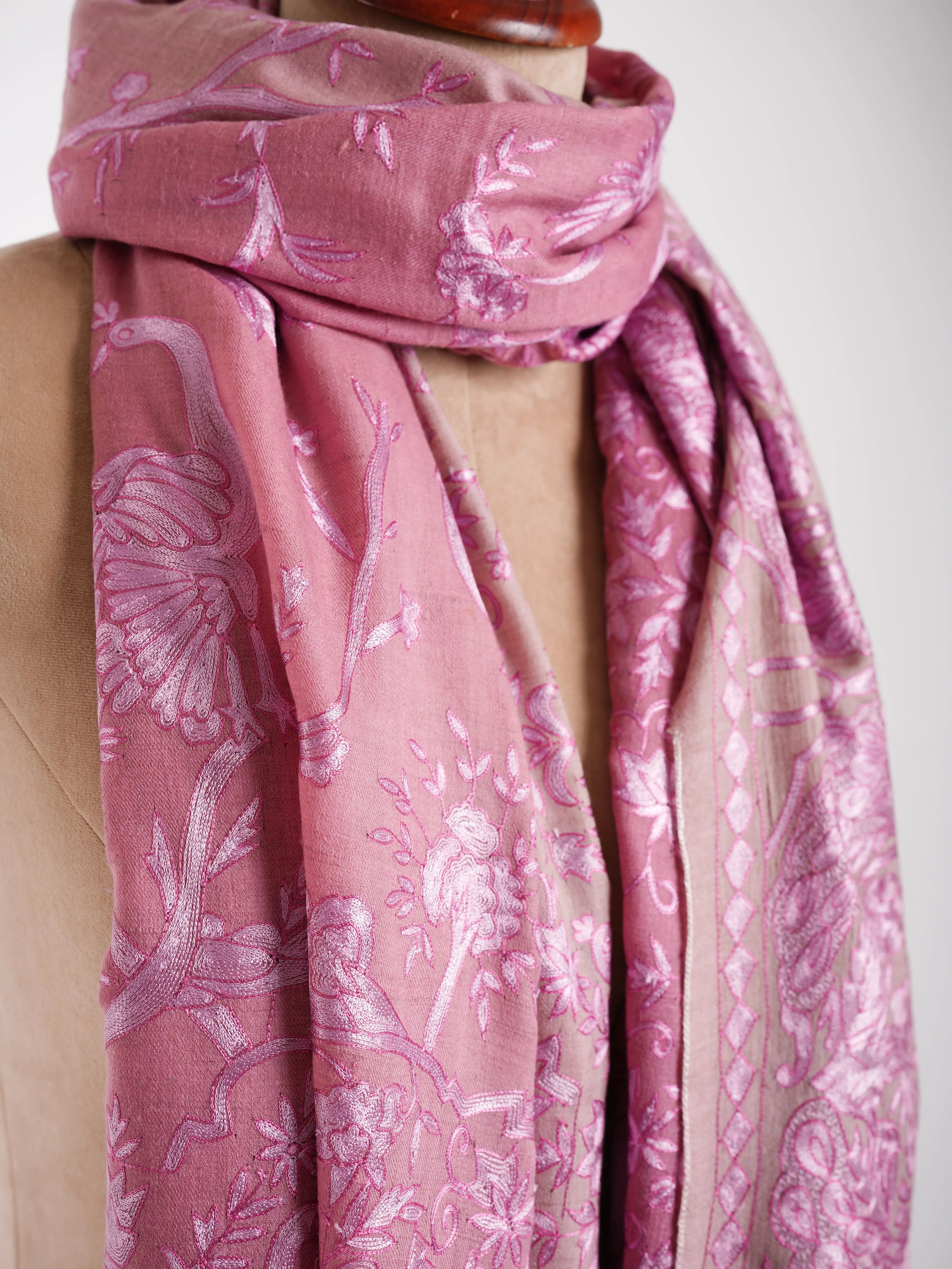 Ombre Baby Pink Peacock Embroidered Pashmina Jamavar Shawl Shahkaar