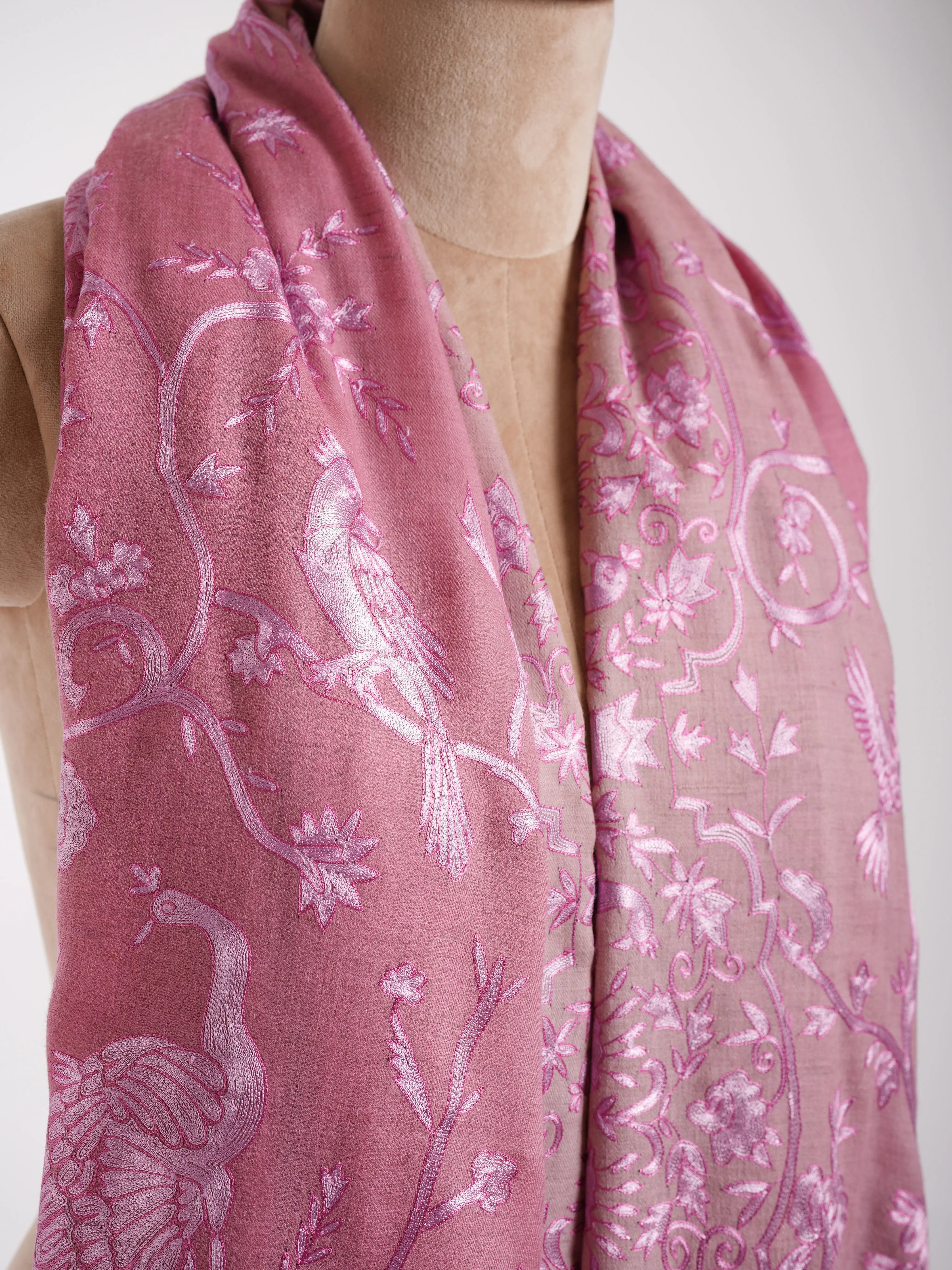 Ombre Baby Pink Peacock Embroidered Pashmina Jamavar Shawl Shahkaar