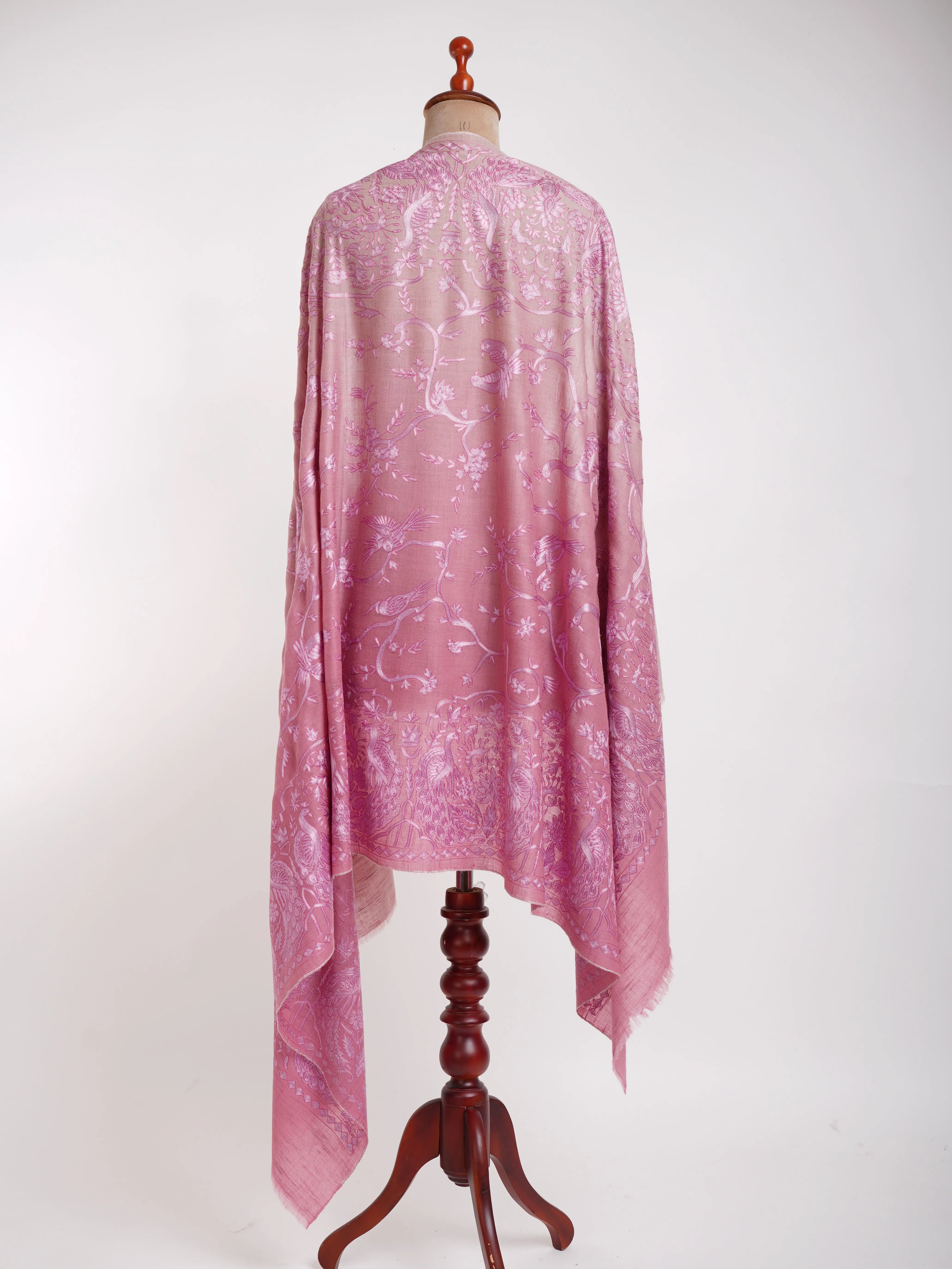 Ombre Baby Pink Peacock Embroidered Pashmina Jamavar Shawl Shahkaar