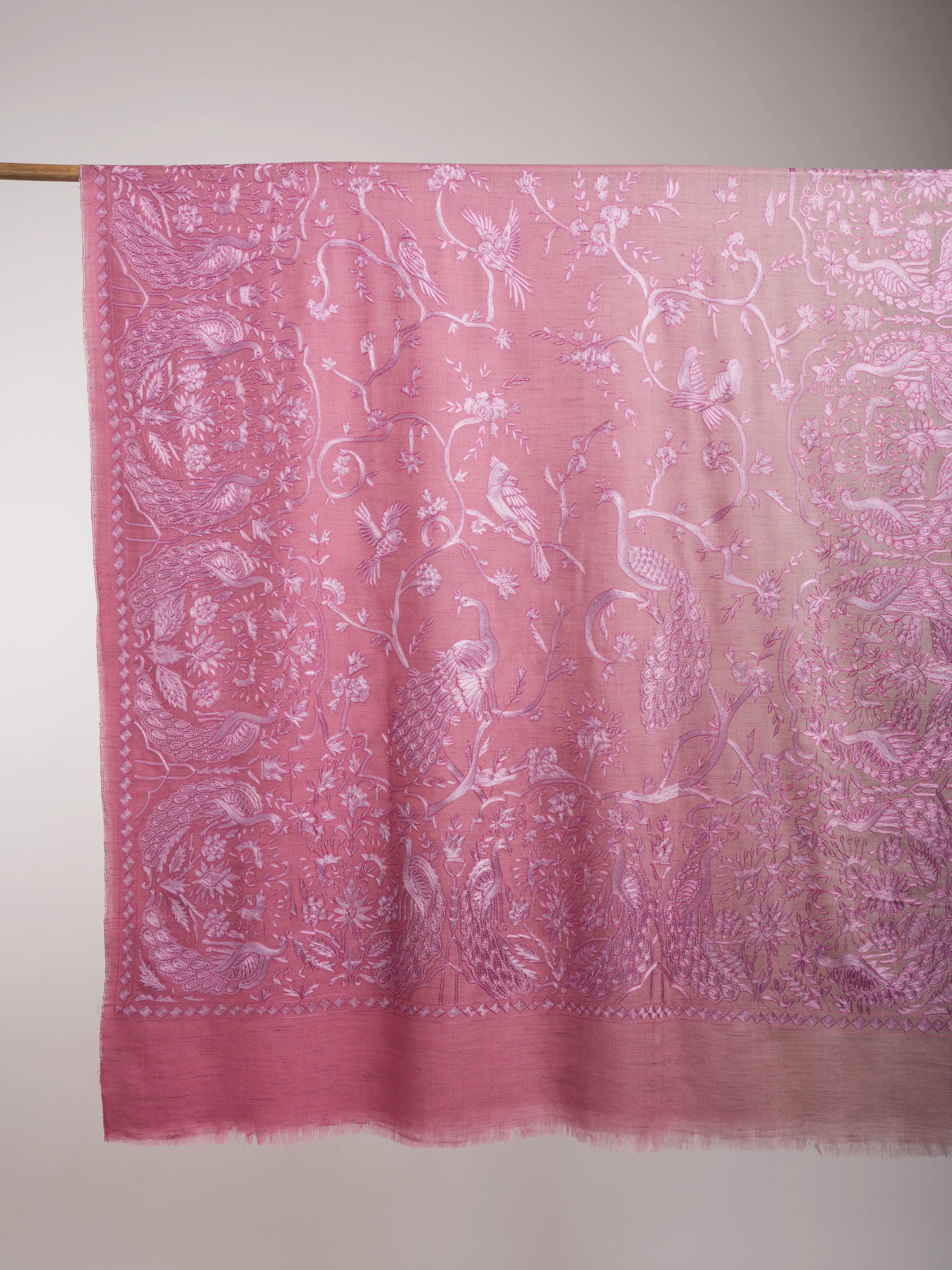 Ombre Baby Pink Peacock Embroidered Pashmina Jamavar Shawl Shahkaar