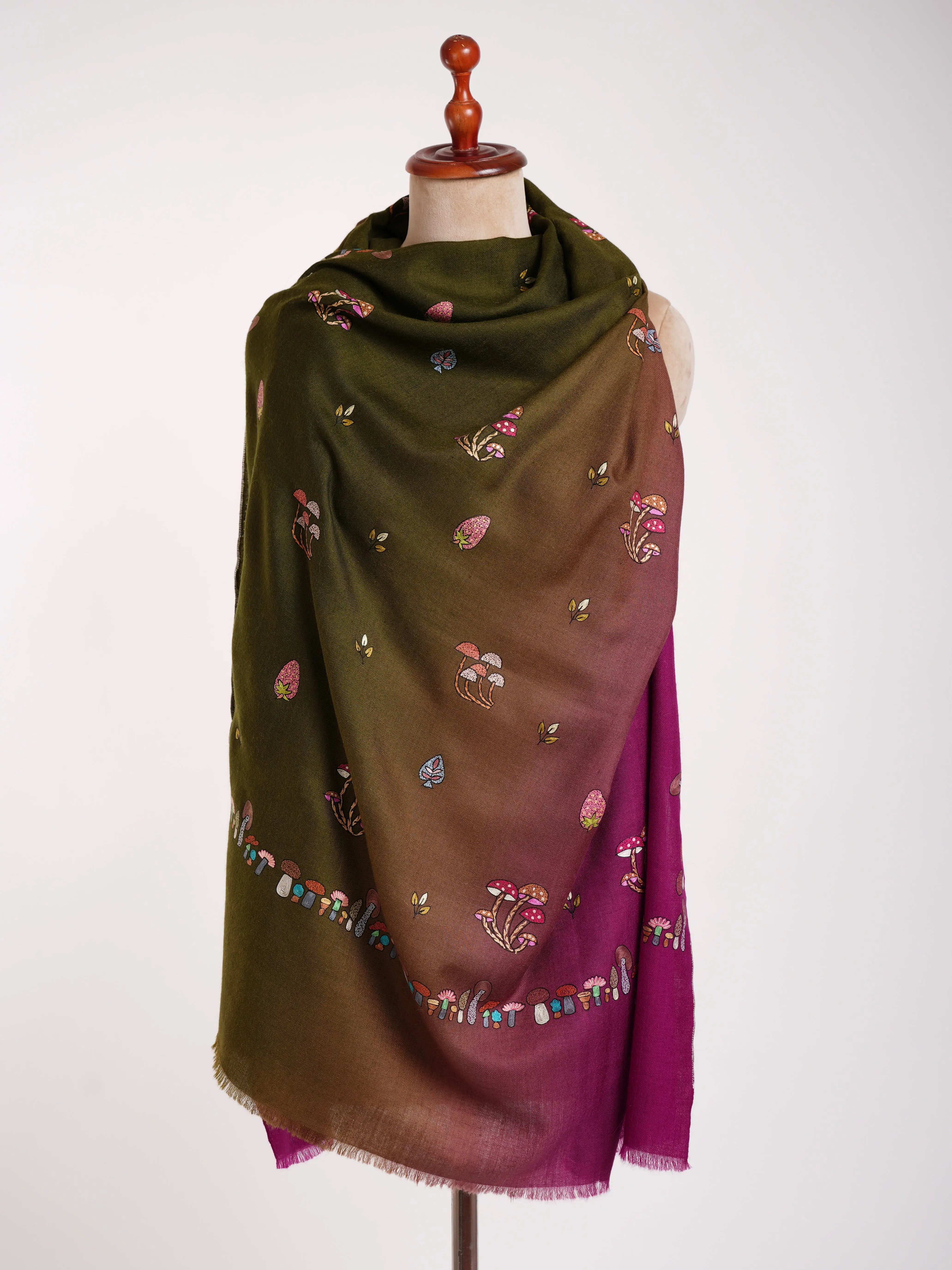 Ombre Happy Mushrooms Embroidered Pashmina Shawl Shahkaar