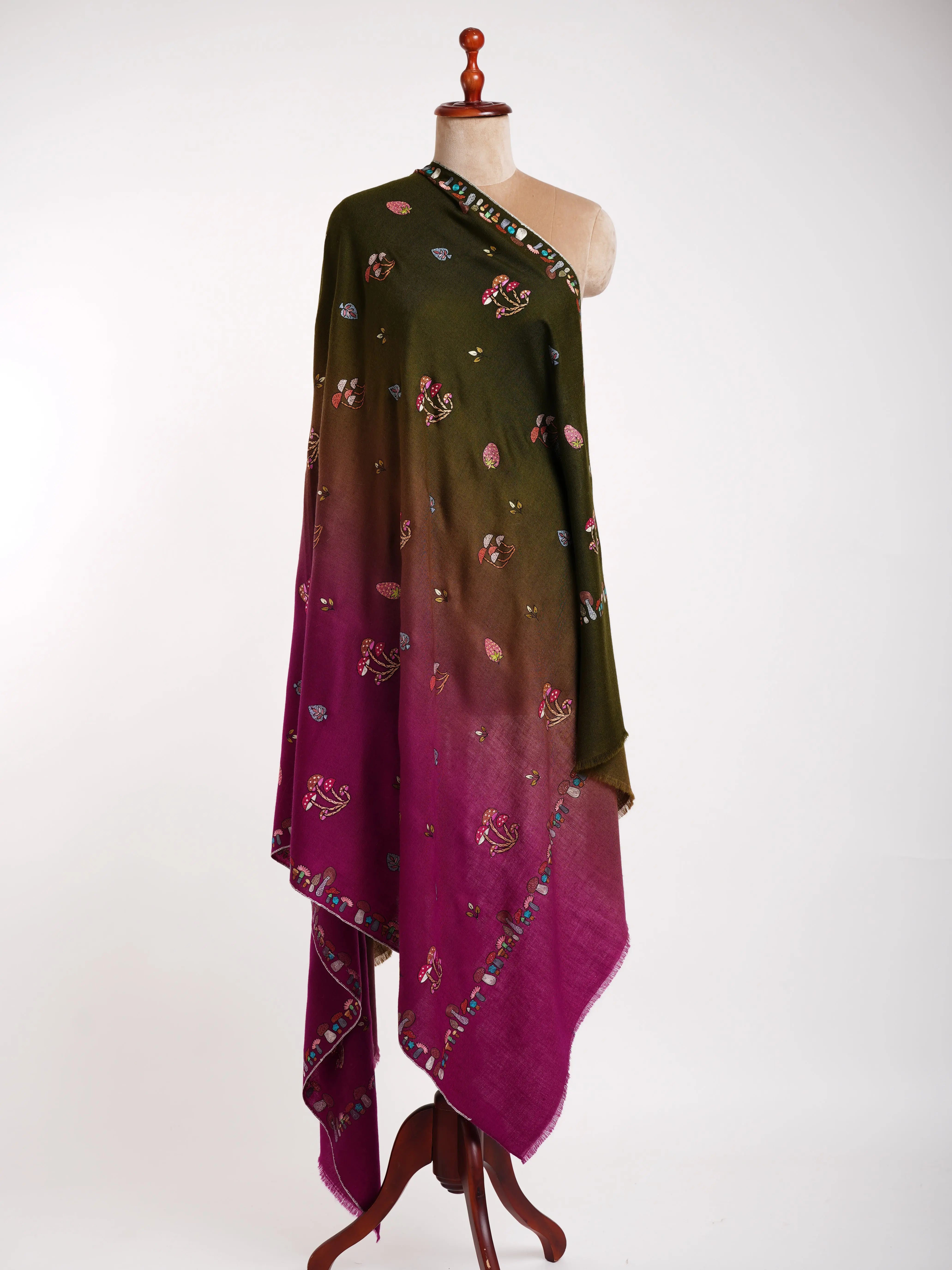 Ombre Happy Mushrooms Embroidered Pashmina Shawl Shahkaar