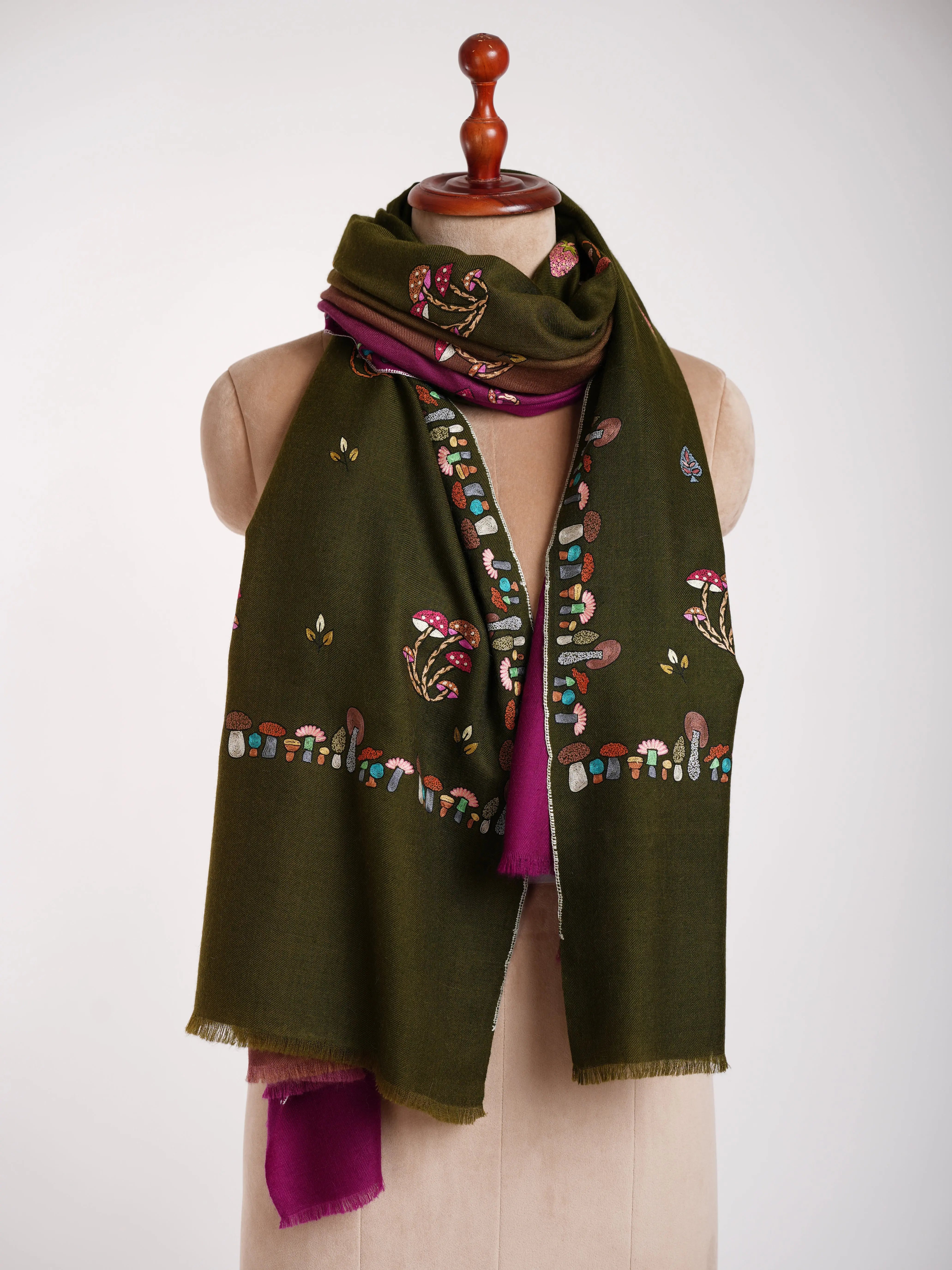 Ombre Happy Mushrooms Embroidered Pashmina Shawl Shahkaar