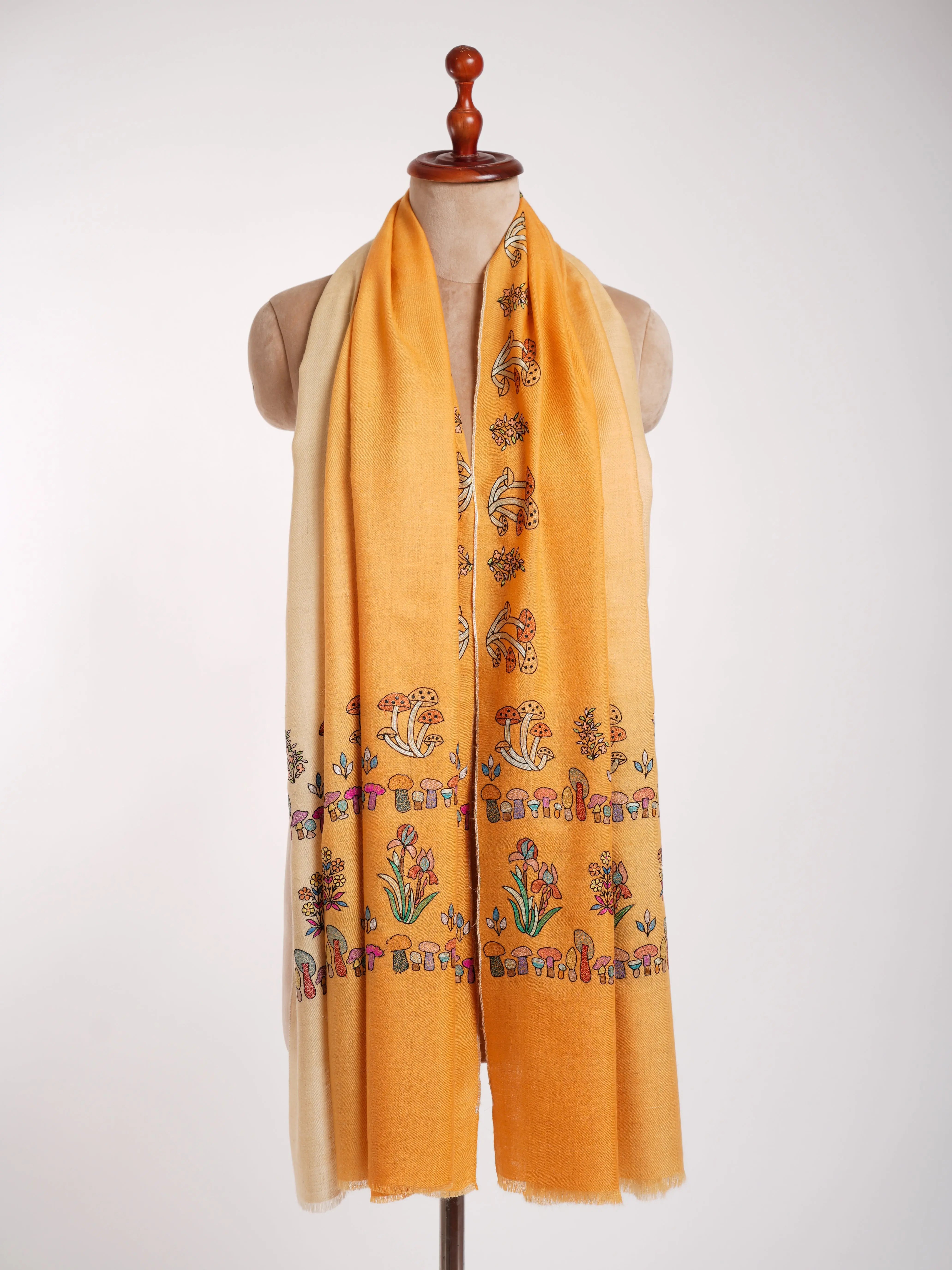 Ombre Happy Mushrooms Embroidered Pashmina Shawl Shahkaar