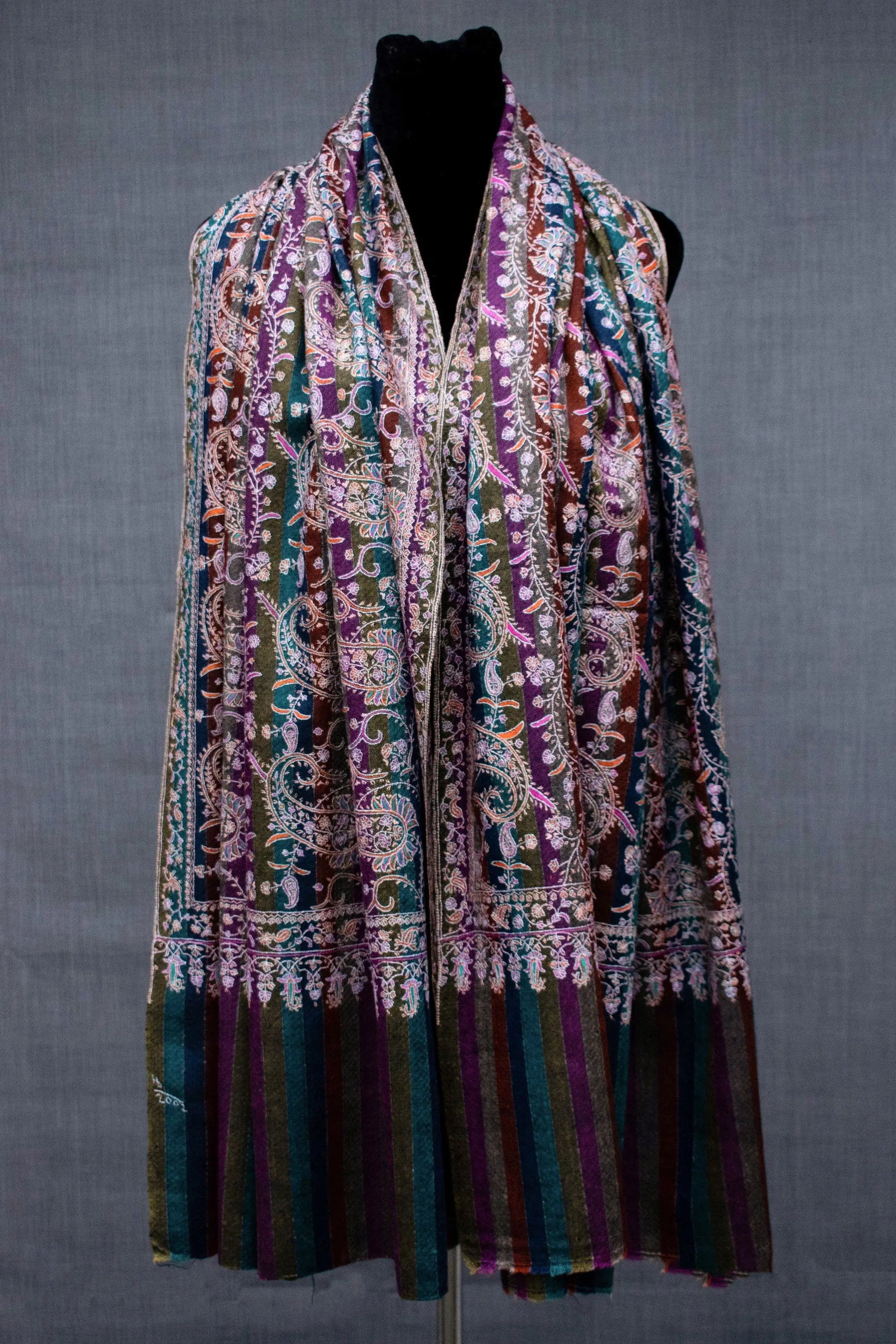 One of a Kind Pashmina Embroidered Shawl, Handmade in Kashmir Shahkaar