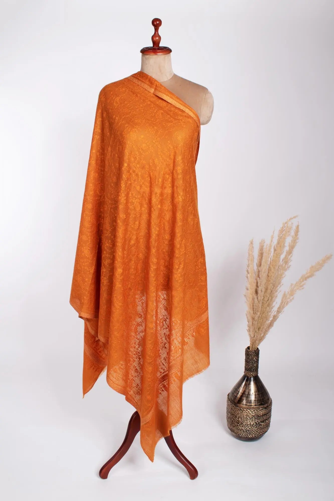 Orange Hashia With Jali Hand Embroidered Pashmina Wrap - PURBECK Shahkaar
