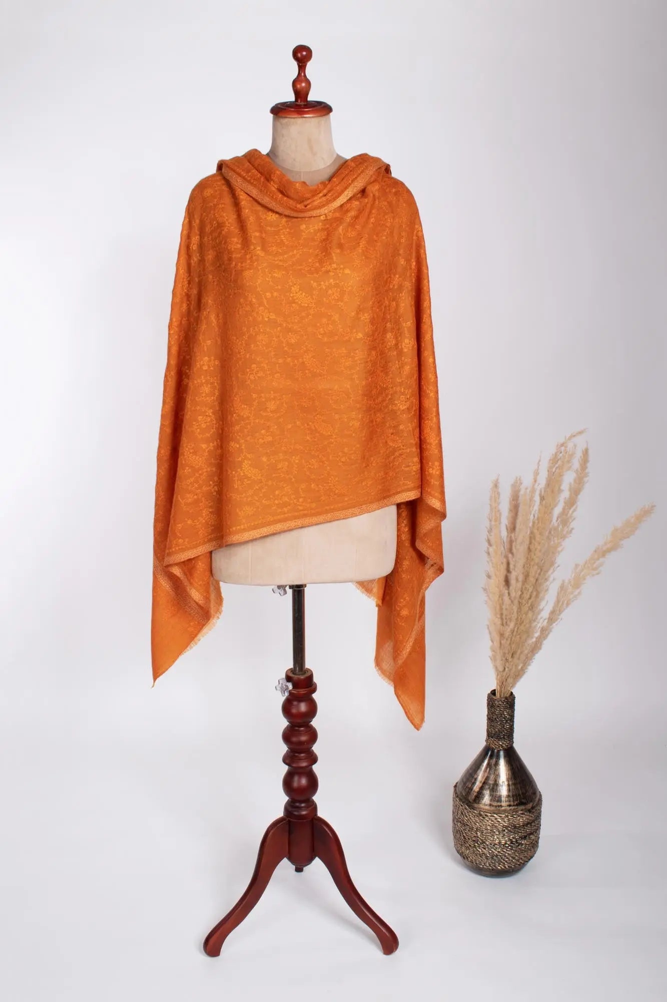 Orange Hashia With Jali Hand Embroidered Pashmina Wrap - PURBECK Shahkaar