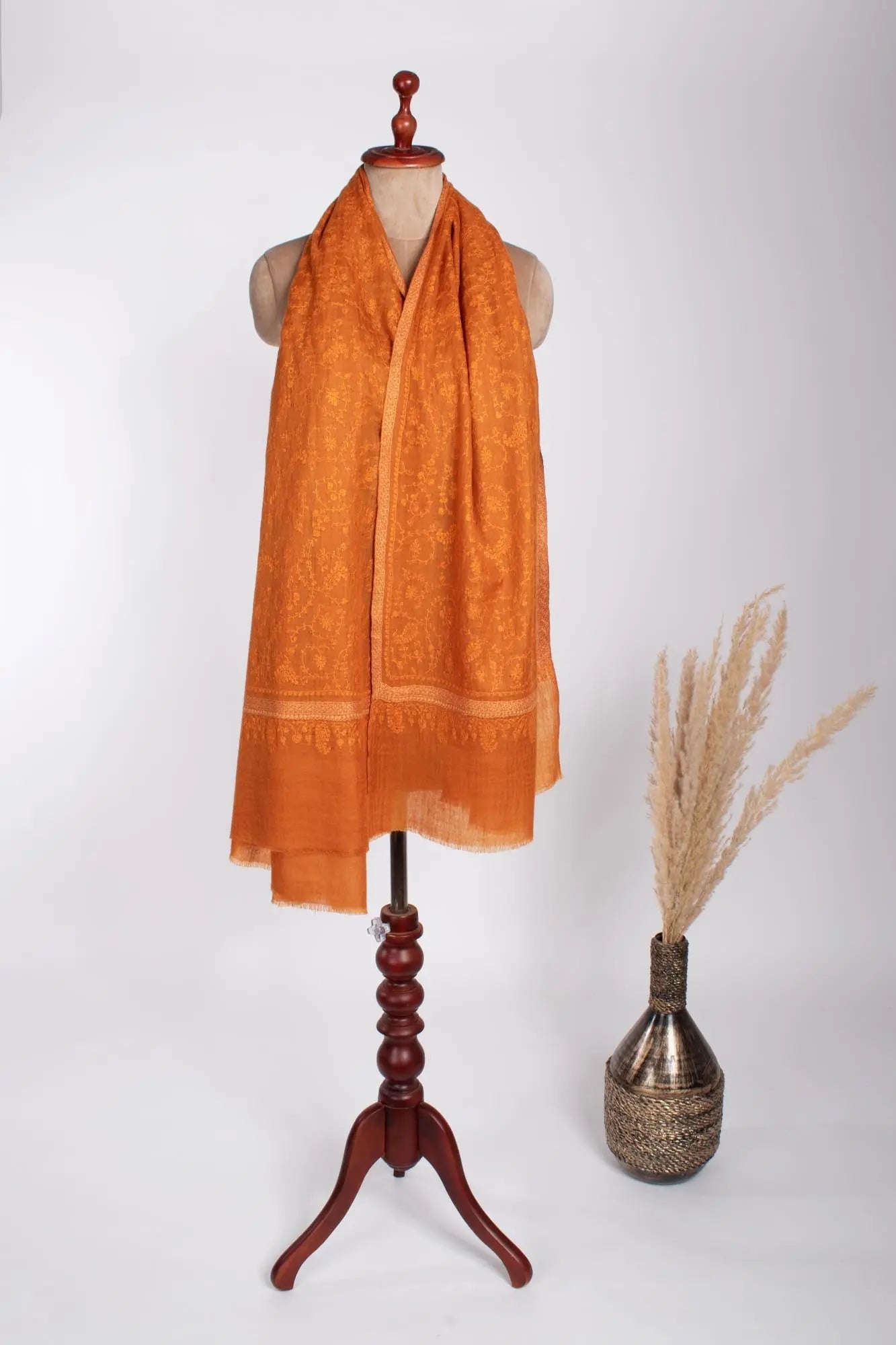 Orange Hashia With Jali Hand Embroidered Pashmina Wrap - PURBECK Shahkaar