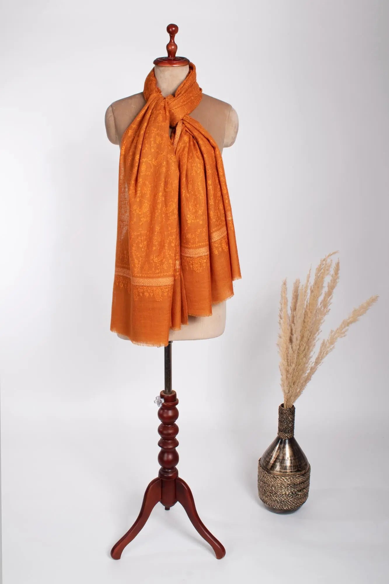 Orange Hashia With Jali Hand Embroidered Pashmina Wrap - PURBECK Shahkaar